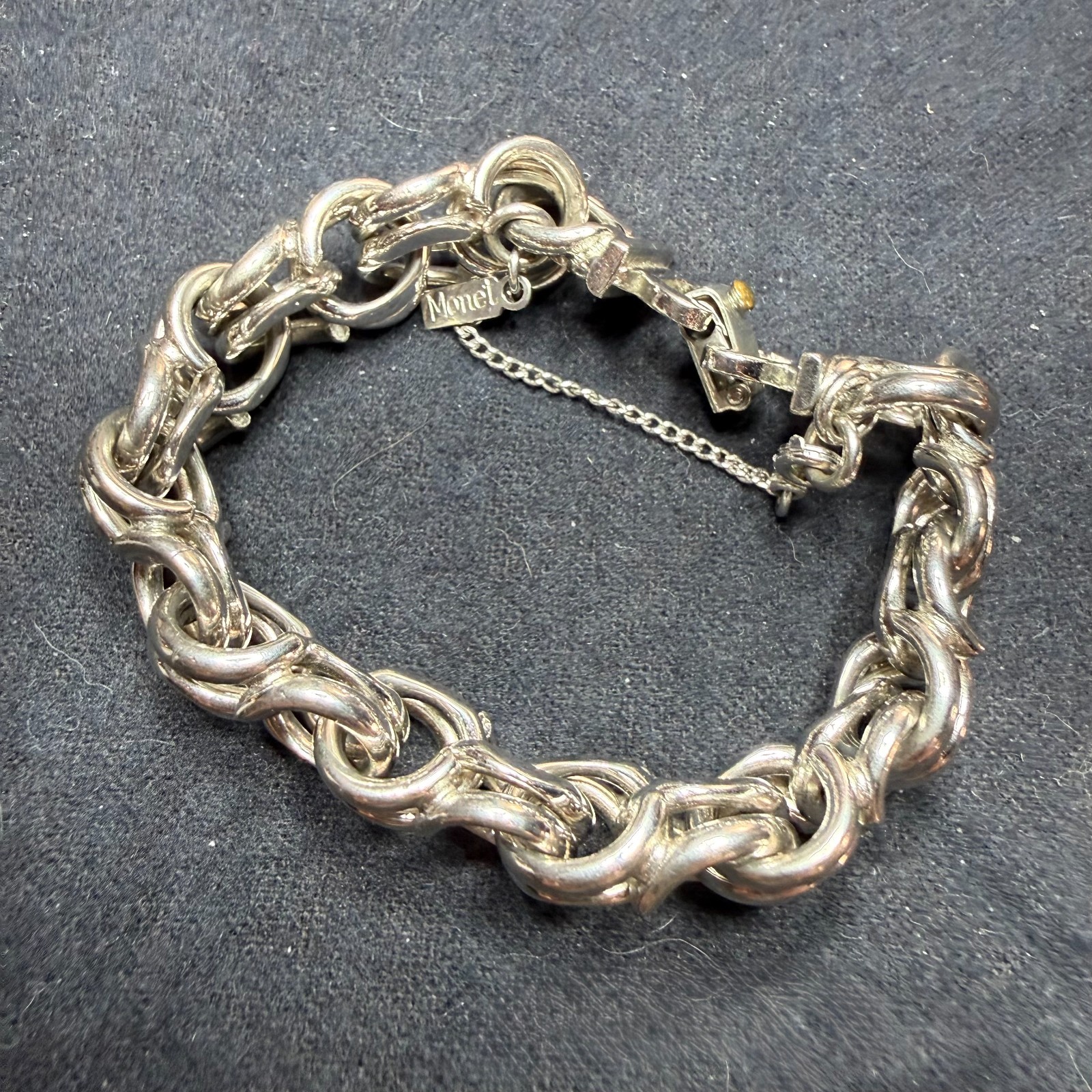 Monet Vintage Silver Tone Chunky Double Link Bracelet 7″ Heavy 49g Safety Chain
