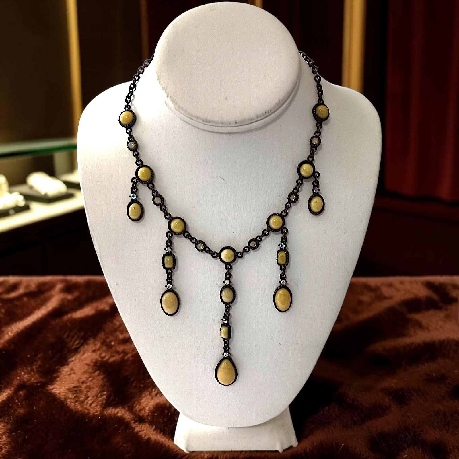 Vtg 90s Chandelier Bib Necklace Statement Egg Yolk Cabochon Art Nouveau Collar