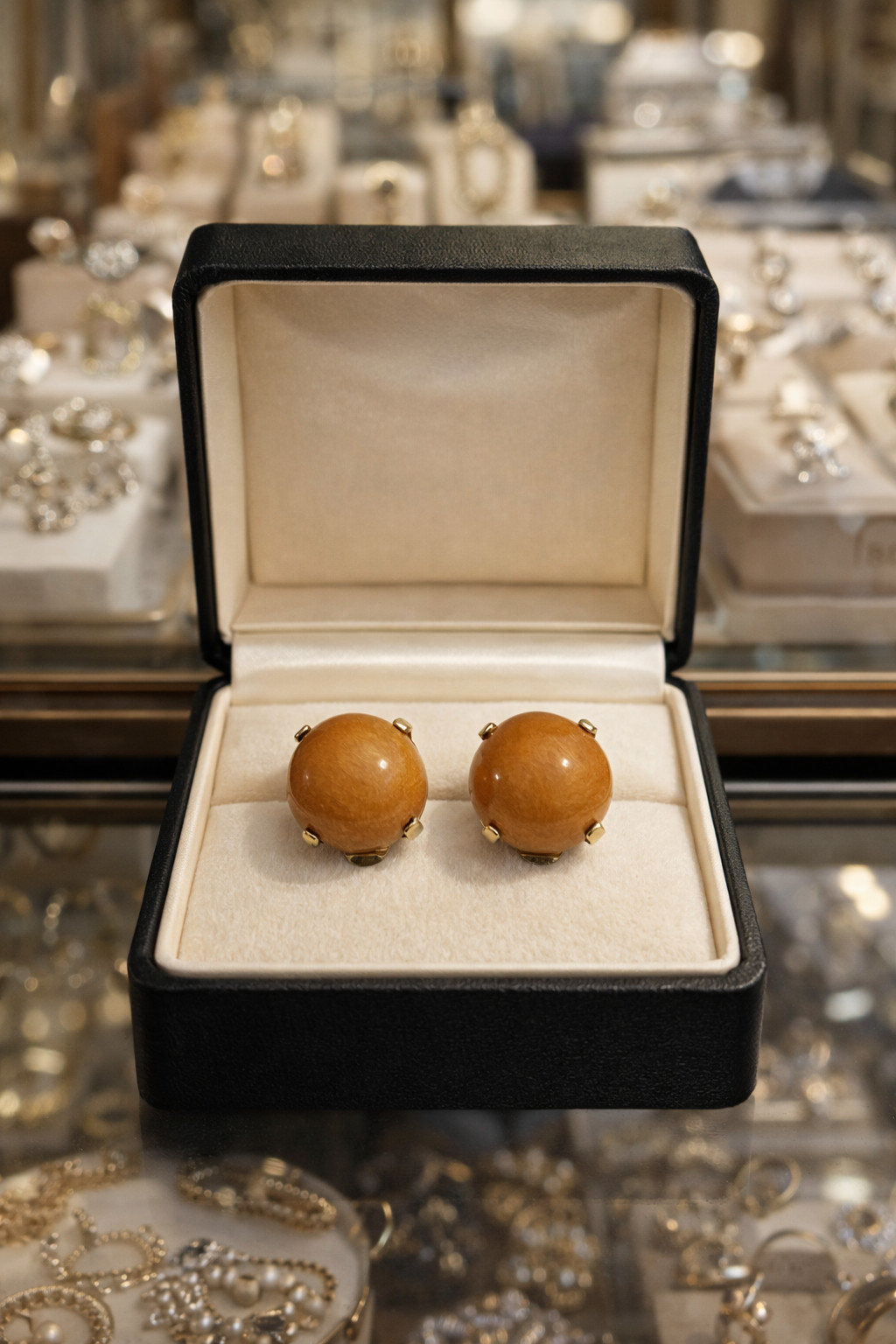 Vintage Zentall Clip On Earrings Amber Brown Domed Cabochon Gold Tone 2cm X 2cm