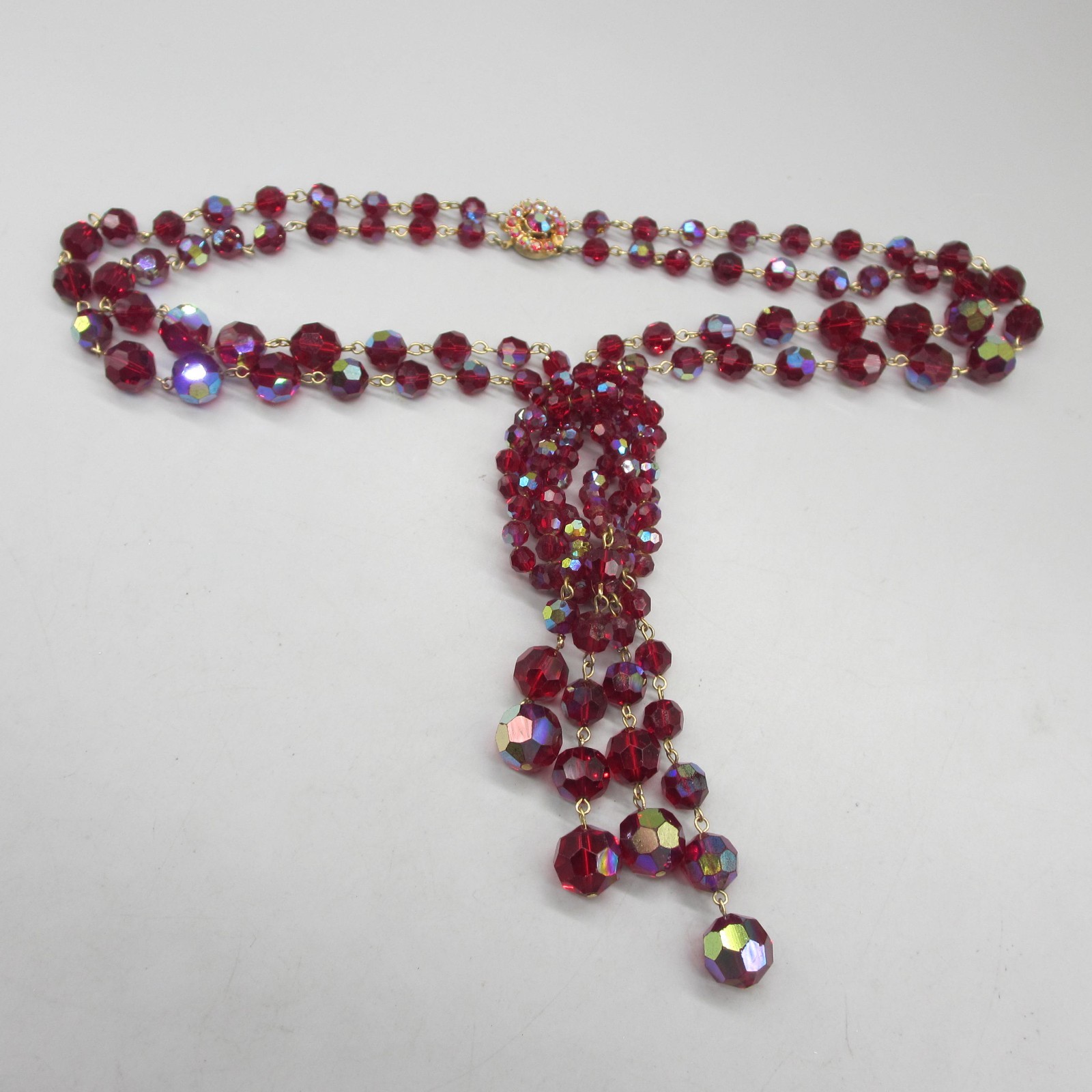 Bergere Necklace Glass AB Bead Red Festoon Tassel Rhinestone ONE MISSING RS 20″