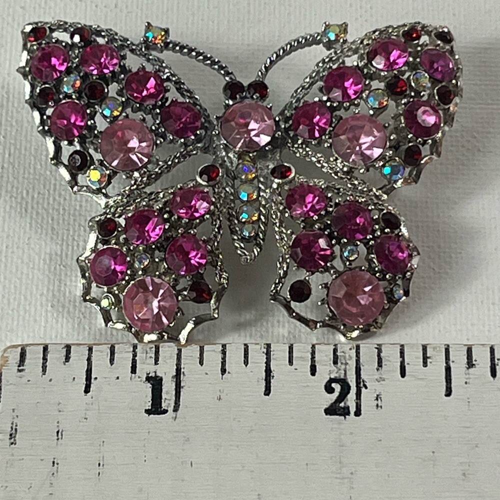Elegant Pink Butterfly Brooch Pin Multi-colored Rhinestones Approximately 2” Vtg