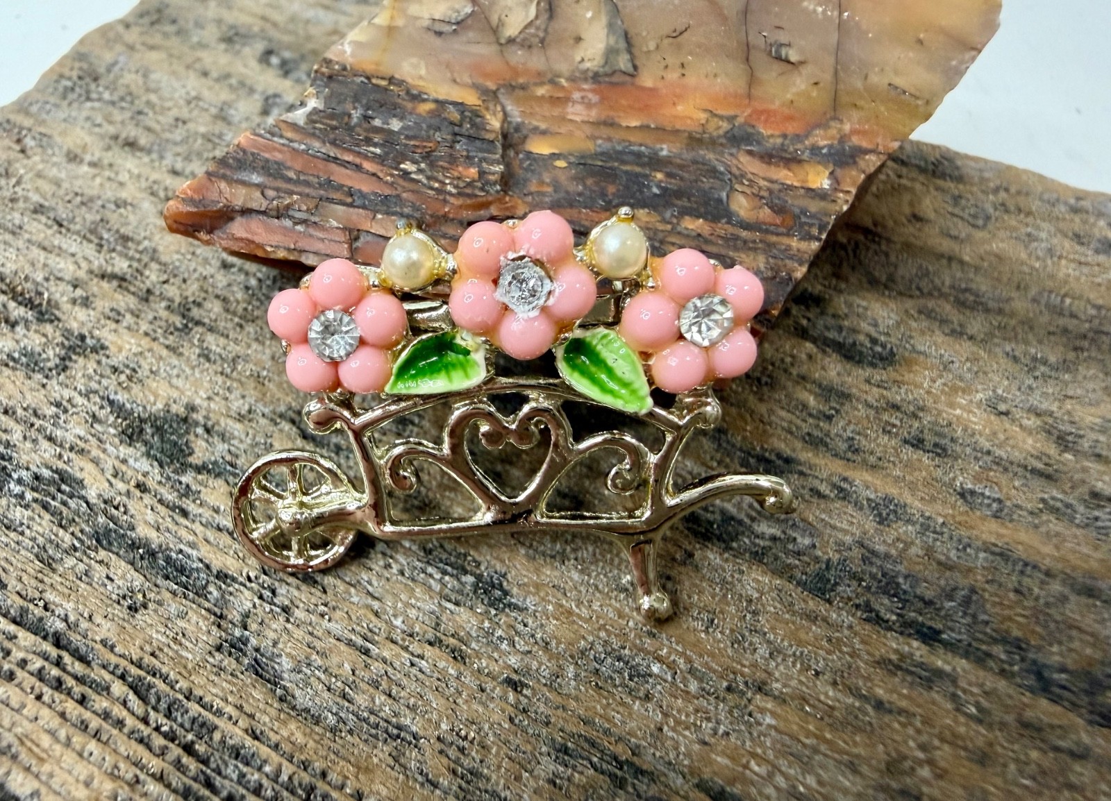 Vintage Gold Tone Pink Flowers with Whimsical Garden Wheelbarrow Brooch