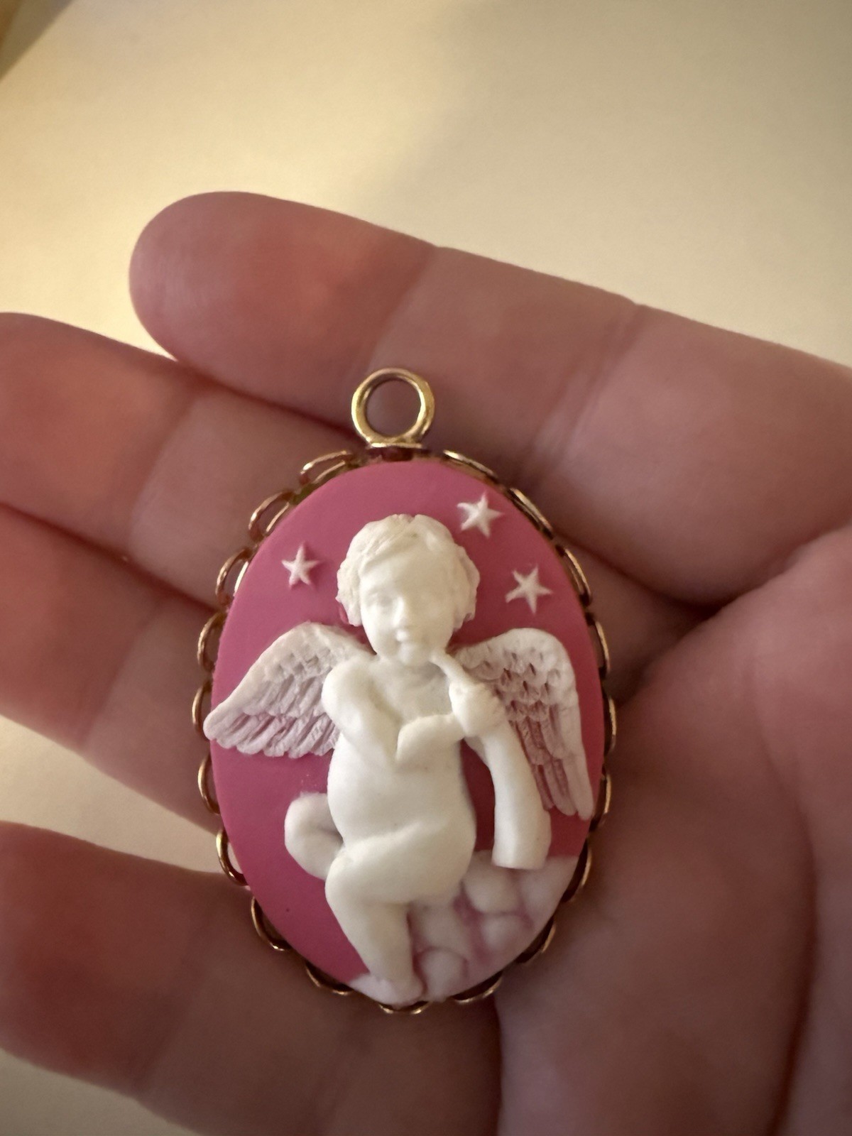 Vintage 80’s Pink White Gold Tone Angel Cherub Pendant