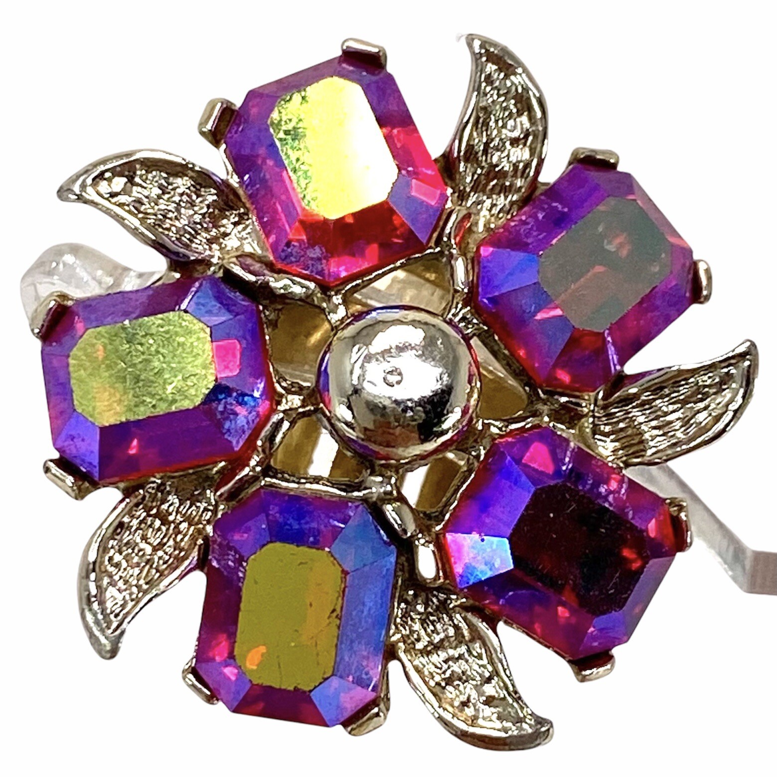 Vtg KRAMER Red Pink Fuchsia AB Crystal Clip Earrings Floral Starburst Shape