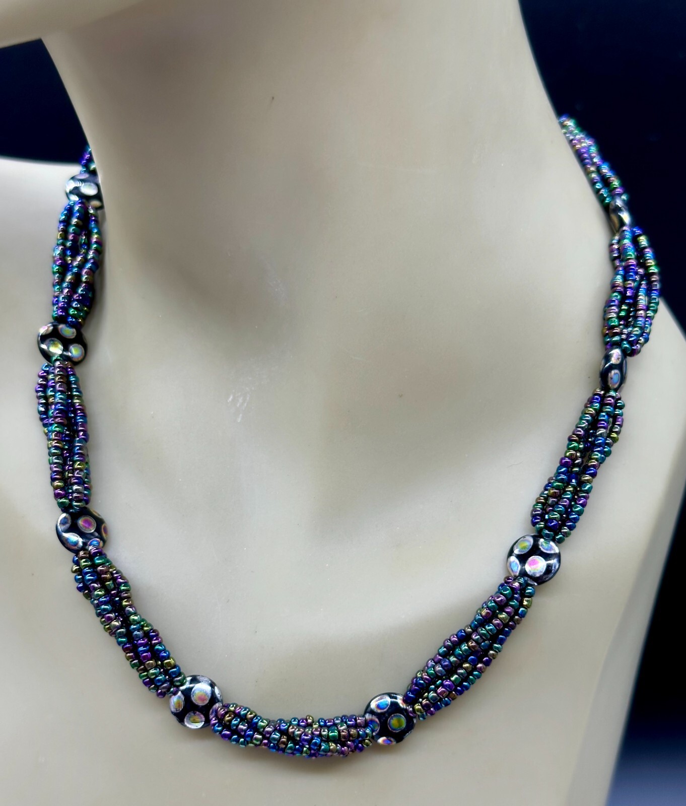 VINTAGE PEACOCK PURPLE SEED BEAD MULTI STRAND NECKLACE SILVER DOT ART GLASS