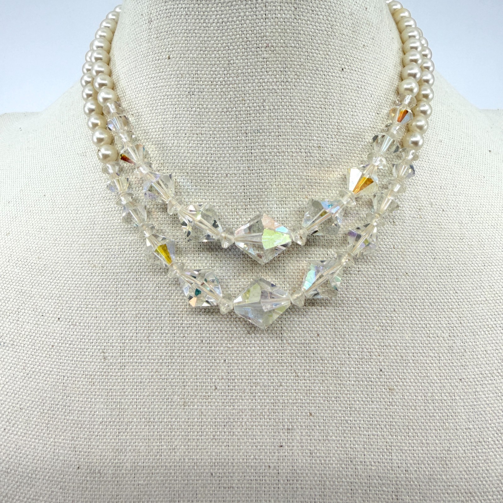Vintage Aurora Borealis AB Glass Crystal Faux Pearl Layered Strand Choker Retro