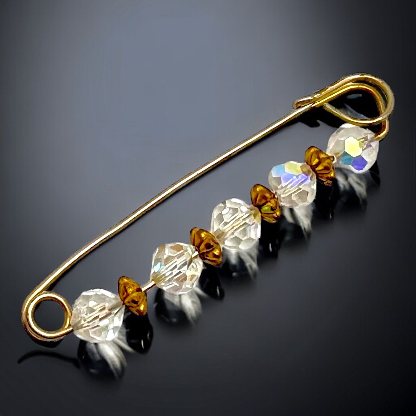 Aurora Borealis Kilt Pin Crystal Glass Bead Sweater Brooch Gold Tone