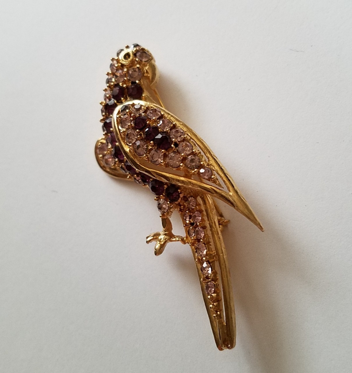 Vintage Pell Purple and Clear Rhinestone Parrot Brooch