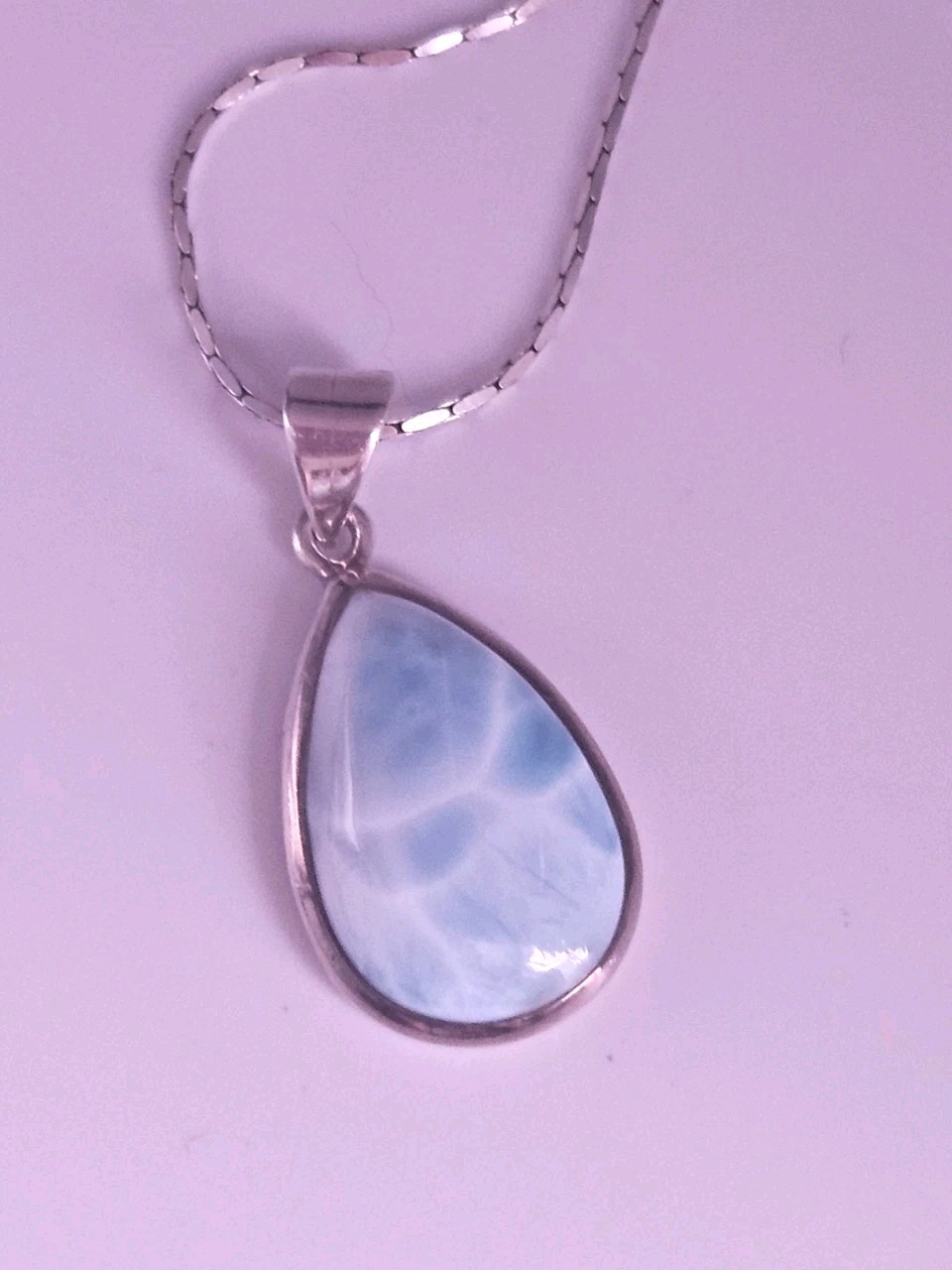 Vintage 925 Sterling Silver Natural Larimar Pendant Necklace 16″