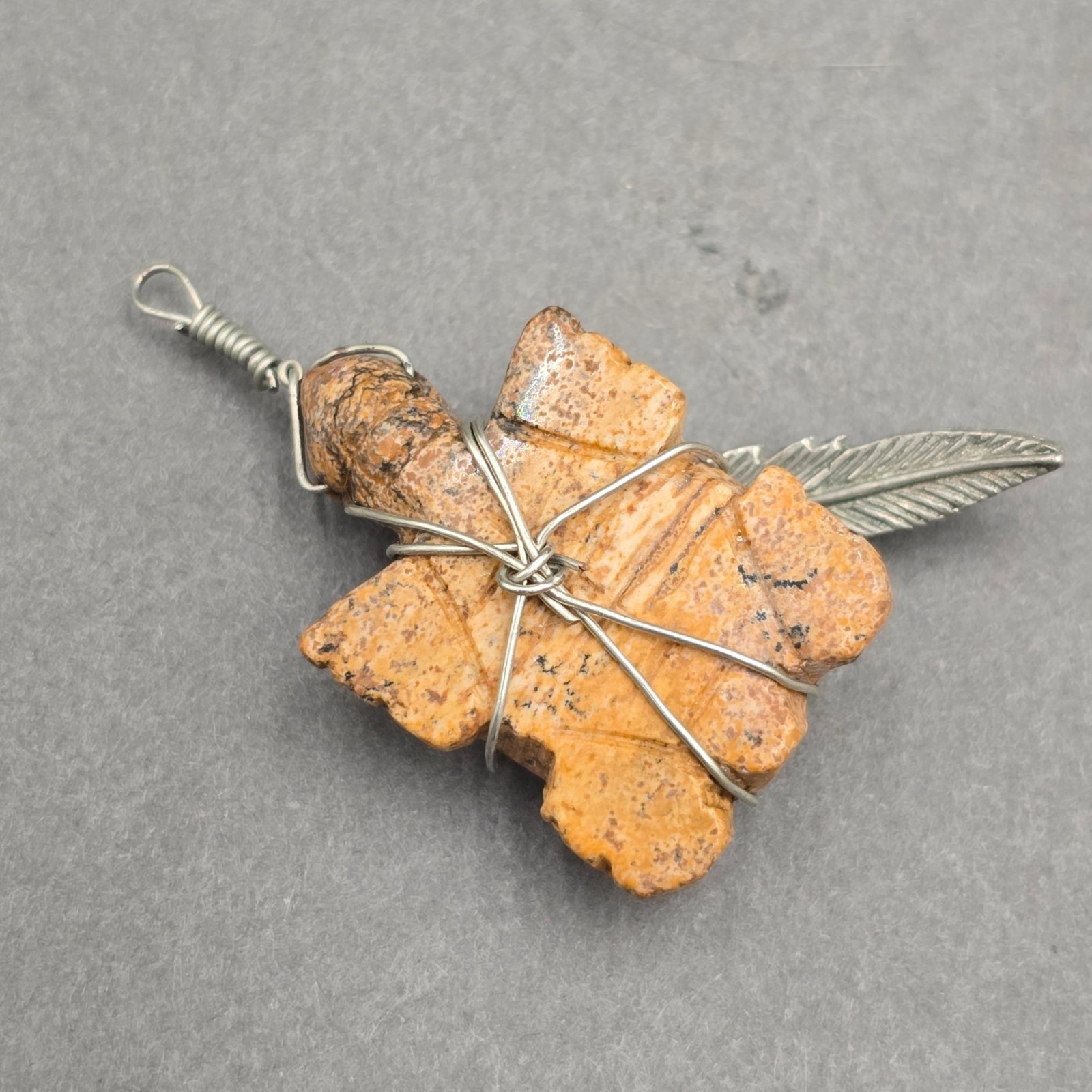 Vintage Hand Carved Jasper Turtle Pendant Wire Wrapped Southwestern Feather