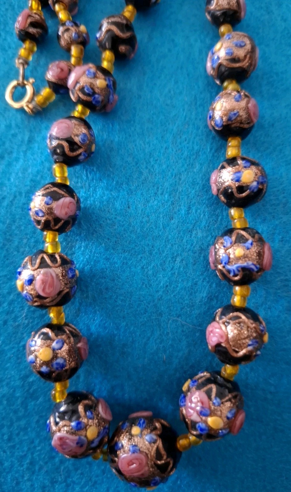 Vtg Italian Murano Copper Foil Venetian Wedding cake Necklace Pink/black Flowers