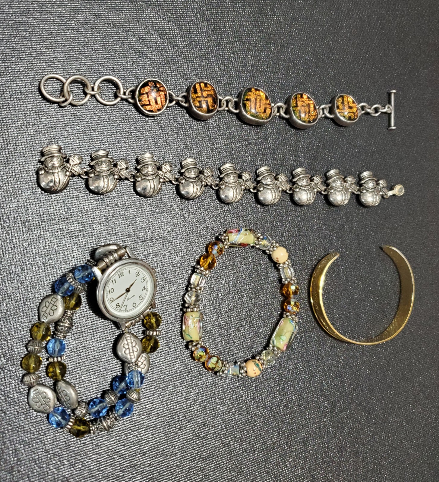 Vintage Bracelet Lot Of 5, Pewter Snowmen, Resin & Metal, Glass Bead Wristwatch
