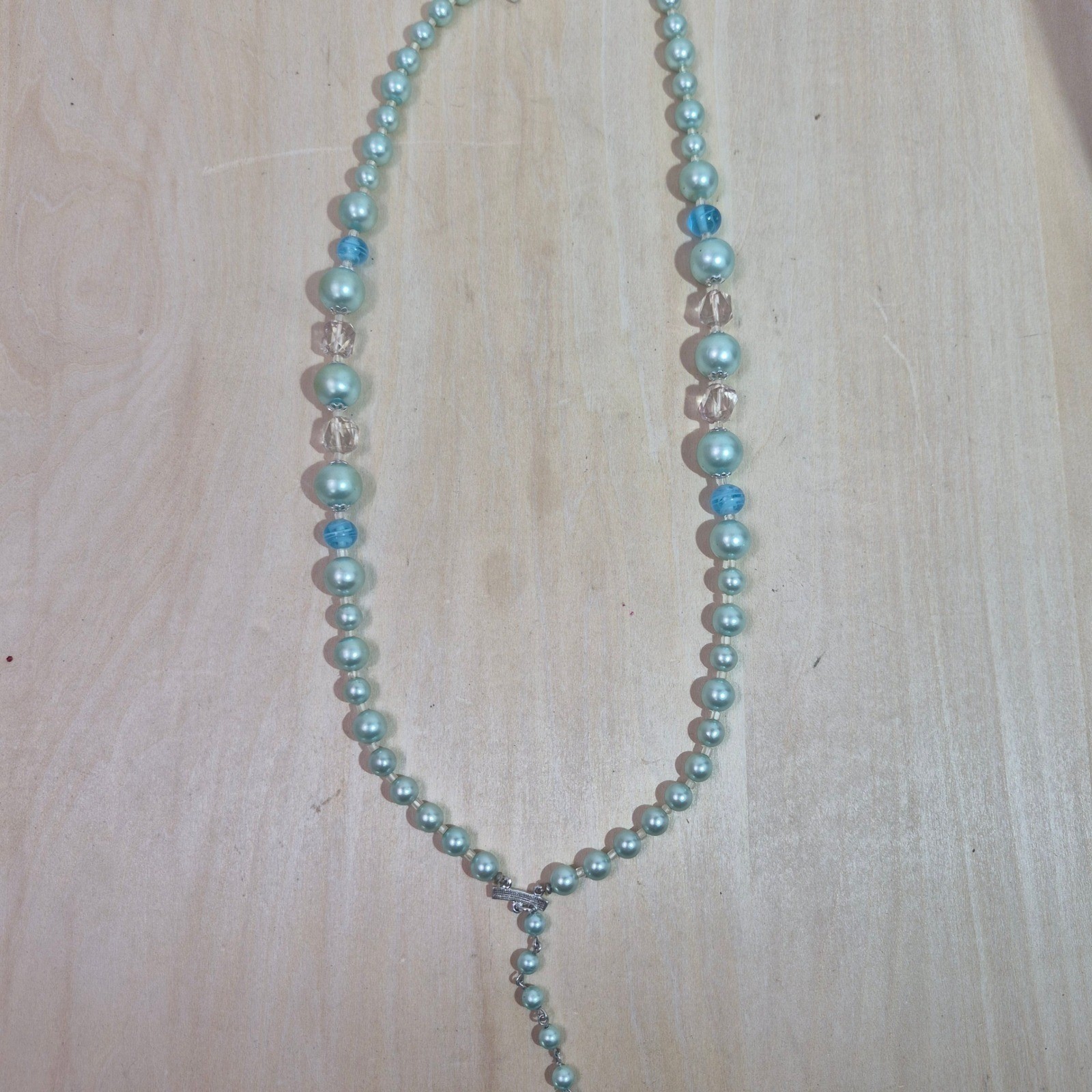 Vintage Seafoam Green Faux Pearl Y-Drop Necklace and Cluster Clip-On Earrings