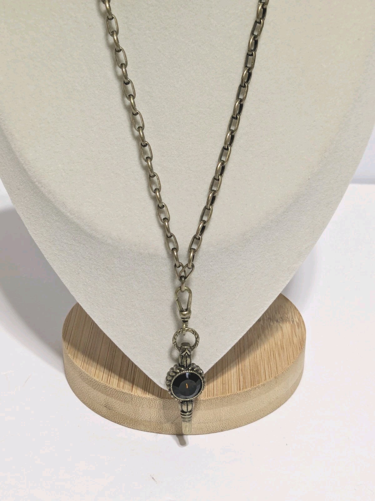 Gold Tone Antique Style Necklace -Reversible Etched Heart & Glass Pendant 16″