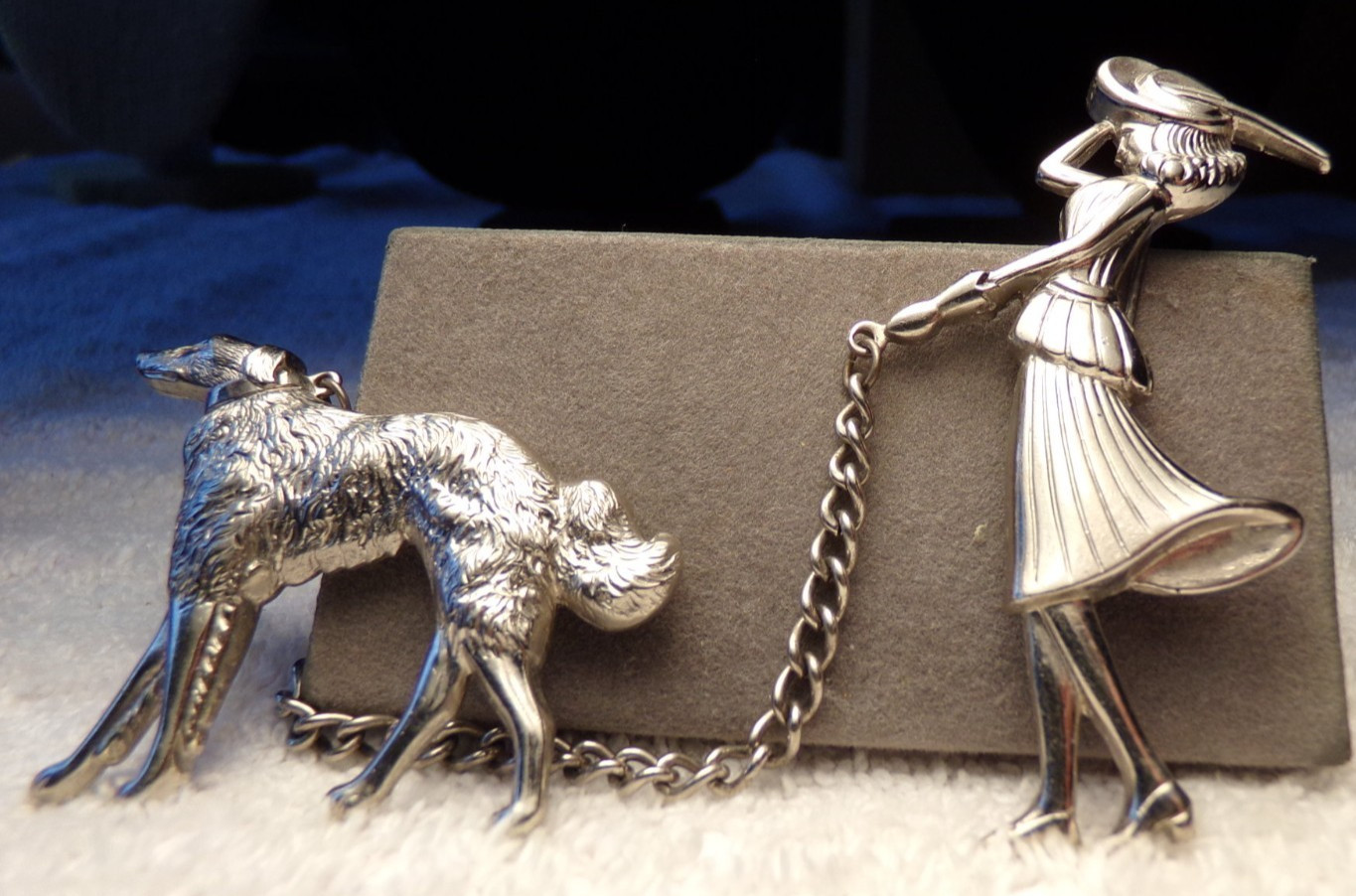 VTG CORO PEGASUS SILVER CHATELAINE DOUBLE PIN MODERN WOMAN WOLFHOUND DOG CHAIN
