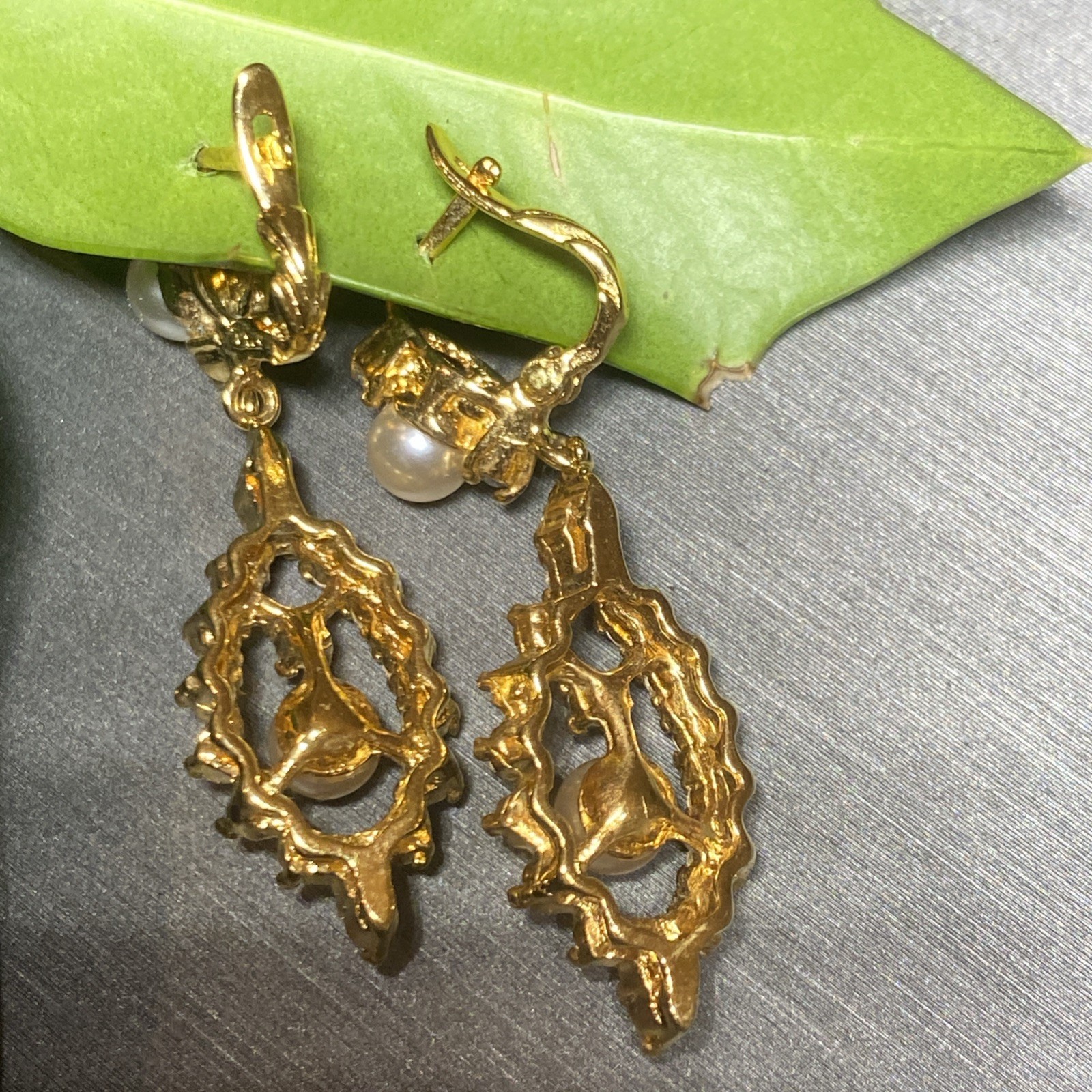 Vintage Pearl Earrings Estate Jewelry Pre-owned Gold Plated Crystal Lozenge Drop