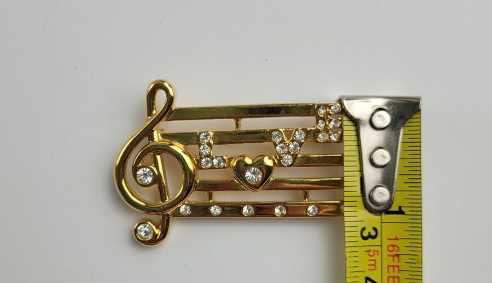 Musical Love Notes Gold Tone Rhinestone Brooch Signed Monet