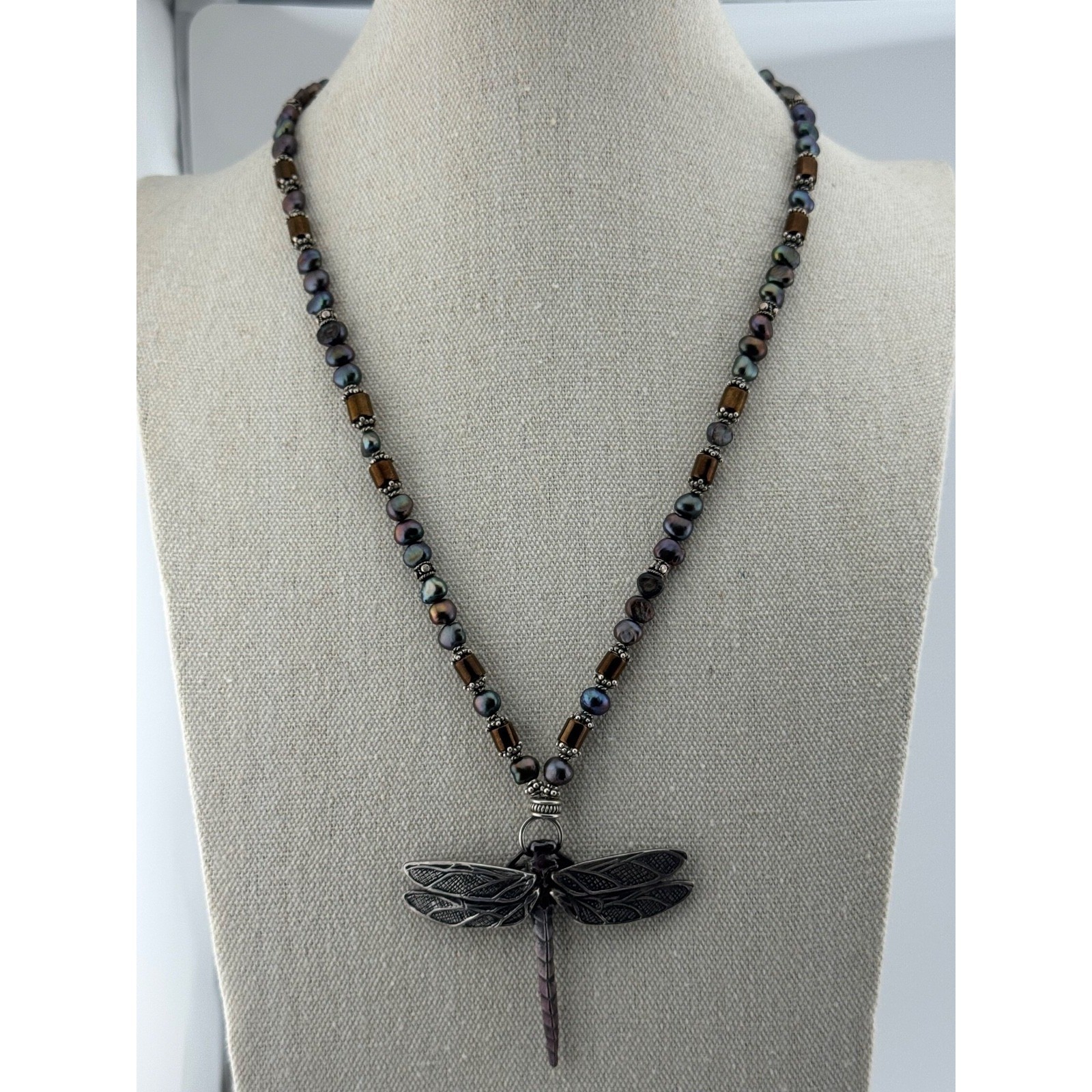 Vintage 1999 Robert Bob Burkett Signed Dragonfly Pendant Beaded Pearl Necklace