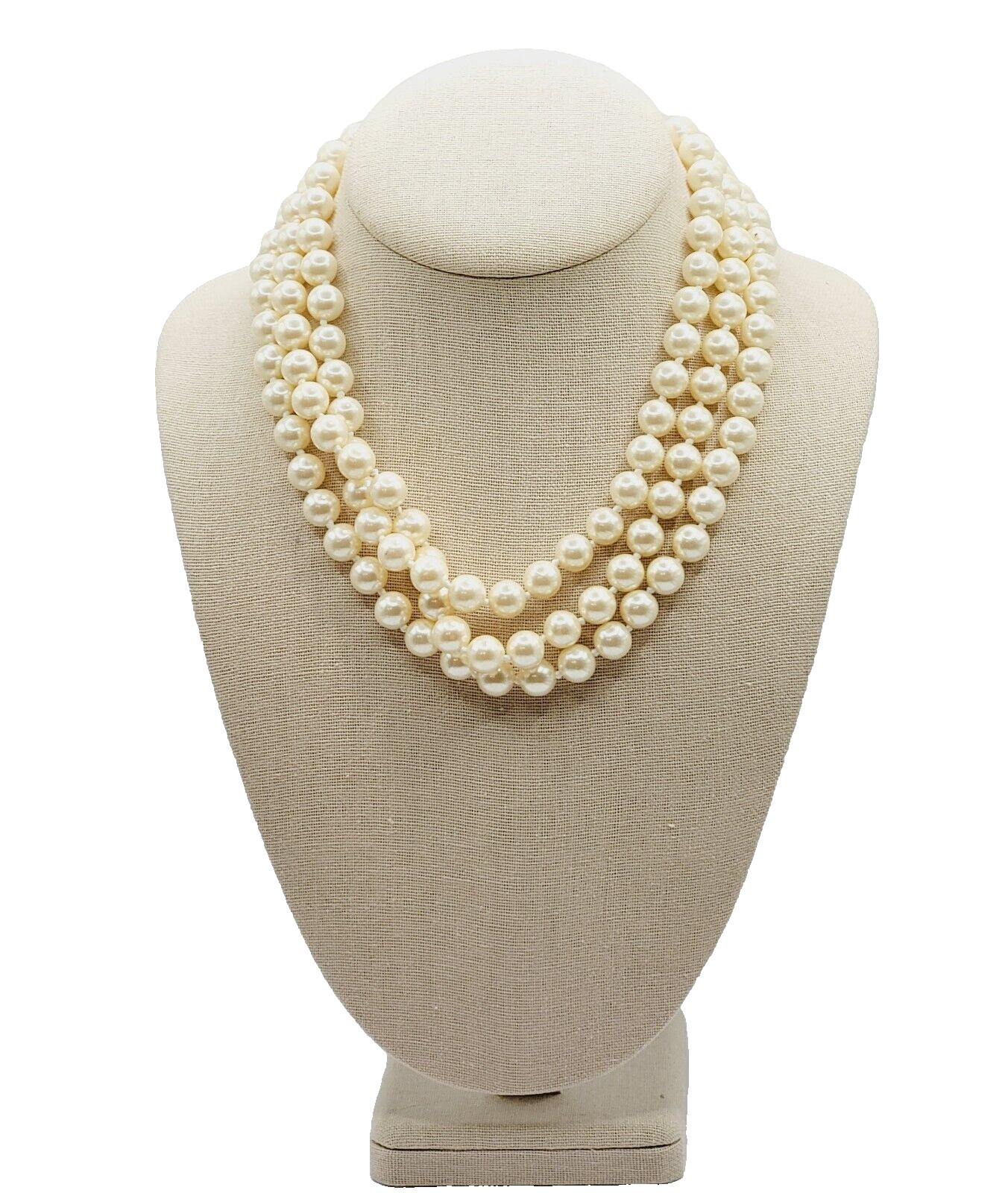 Triple Strand Faux Pearl Hand Knot Gold Tone Clam Shell Charm Clasp Vtg Necklace