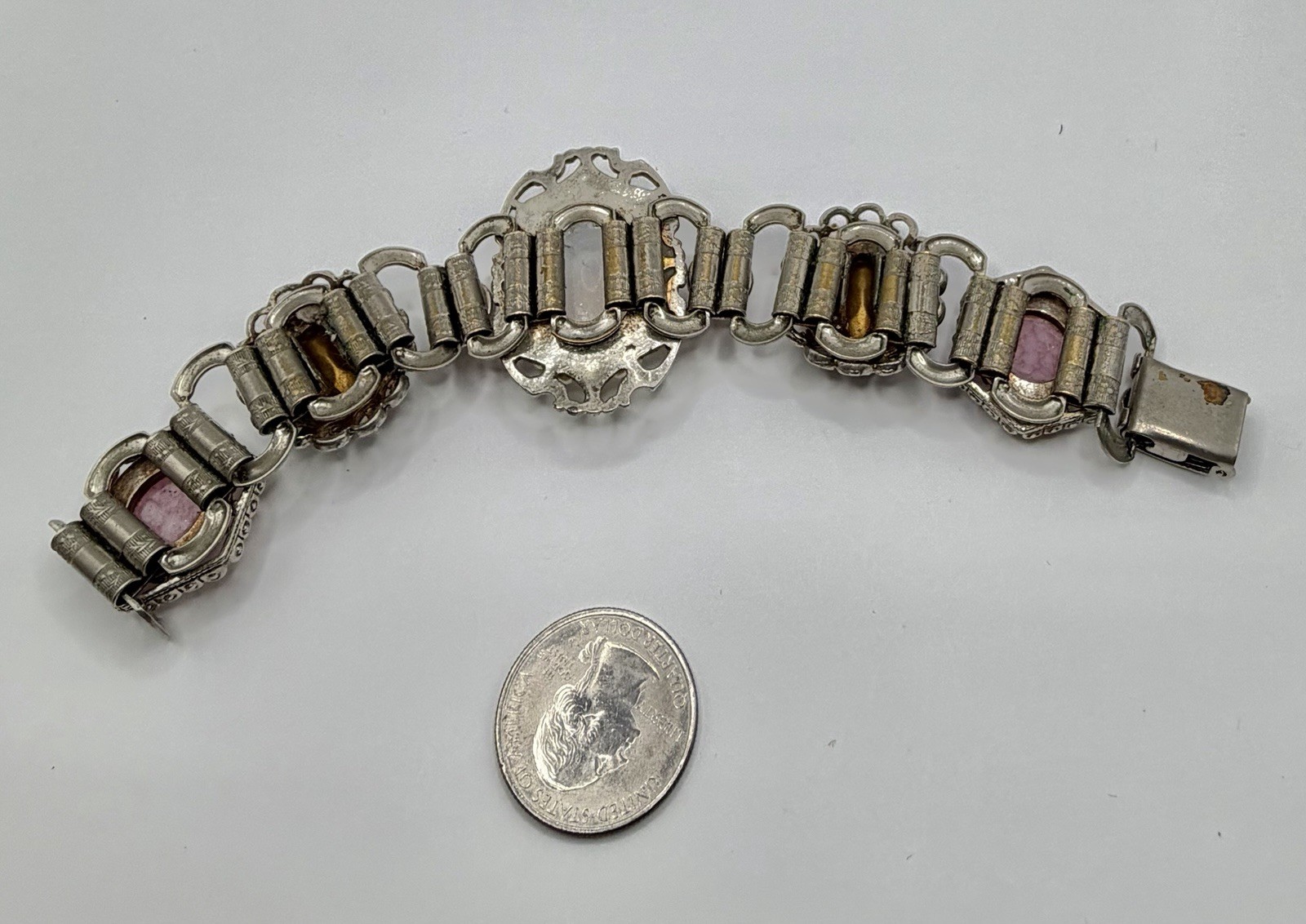 Vintage MCM Upcycled Pink Marbled & Red Rhinestone Clear Opalite Design Bracelet