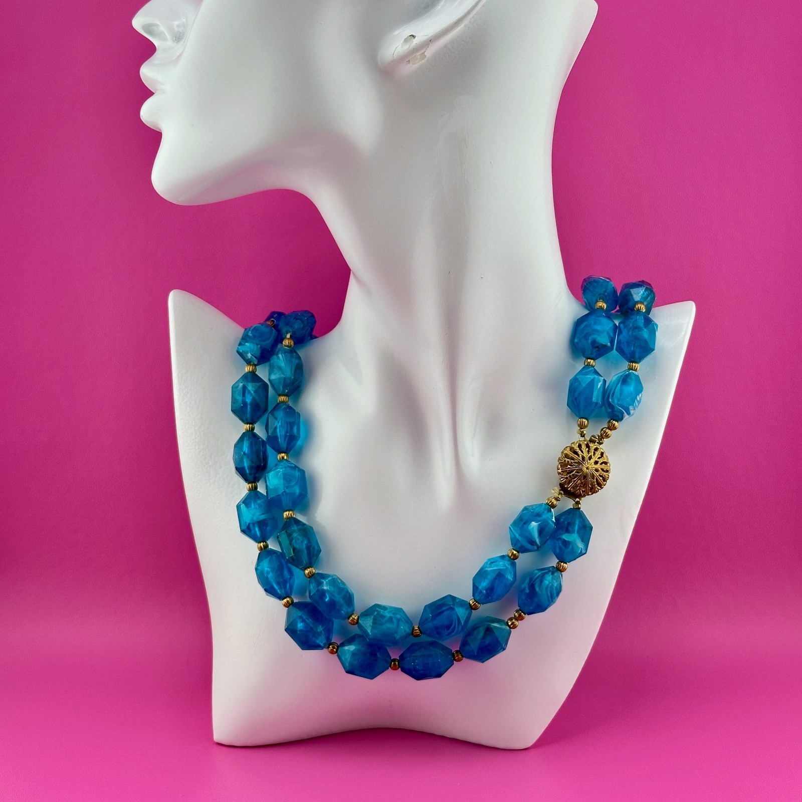 Vintage Necklace Aqua Blue Marbled Acrylic 2 Strand Filigree Clasp Faceted Bead