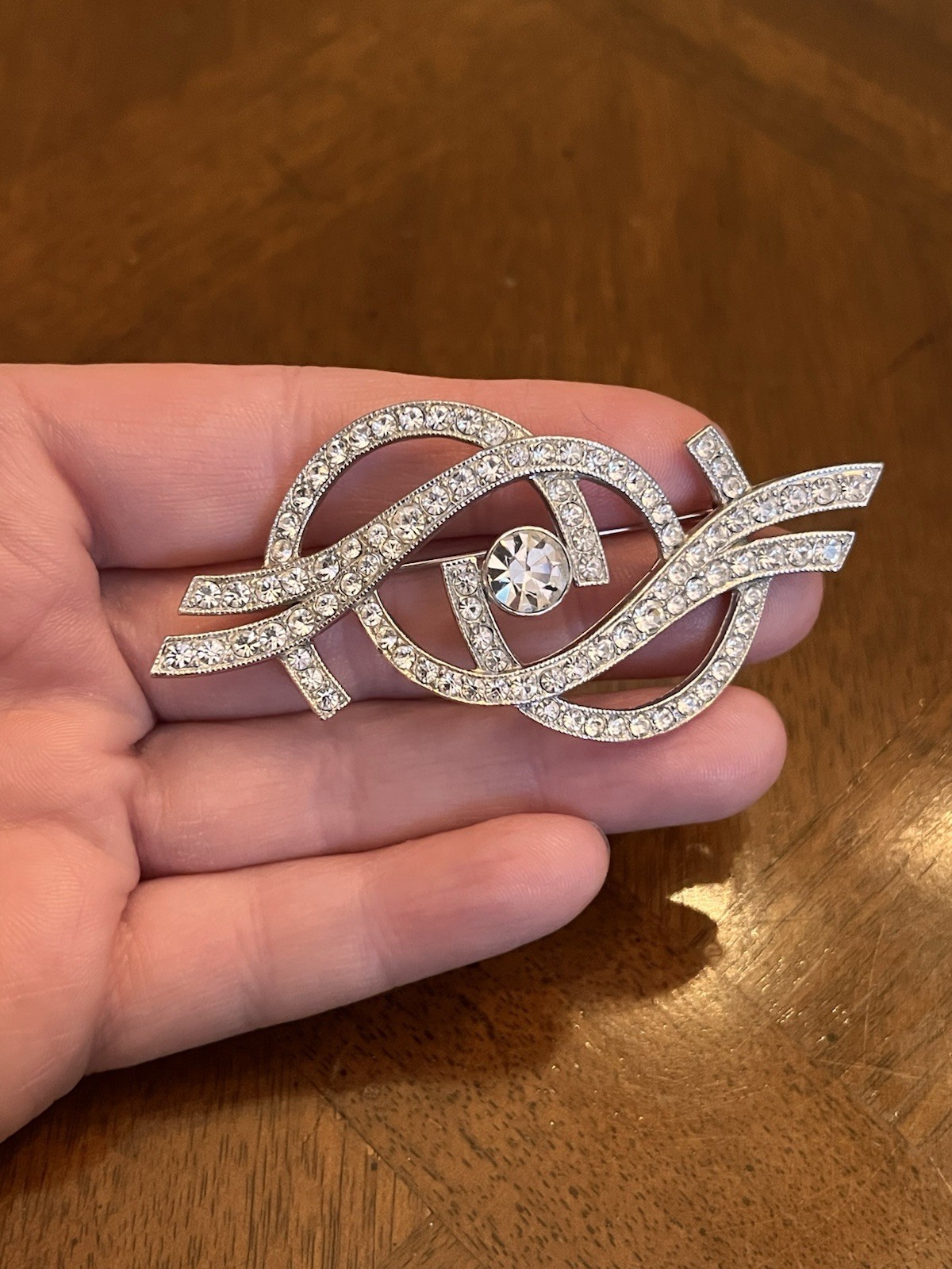 Vintage Ora Rhinestone Abstract Swirl Ribbon Brooch Silver Tone Signed Nice!