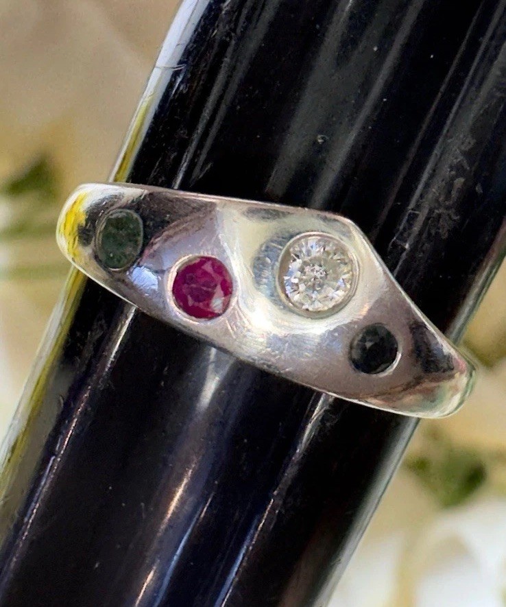 Vintage Custom Made Sapphire Emerald Ruby Sterling Silver Band Ring