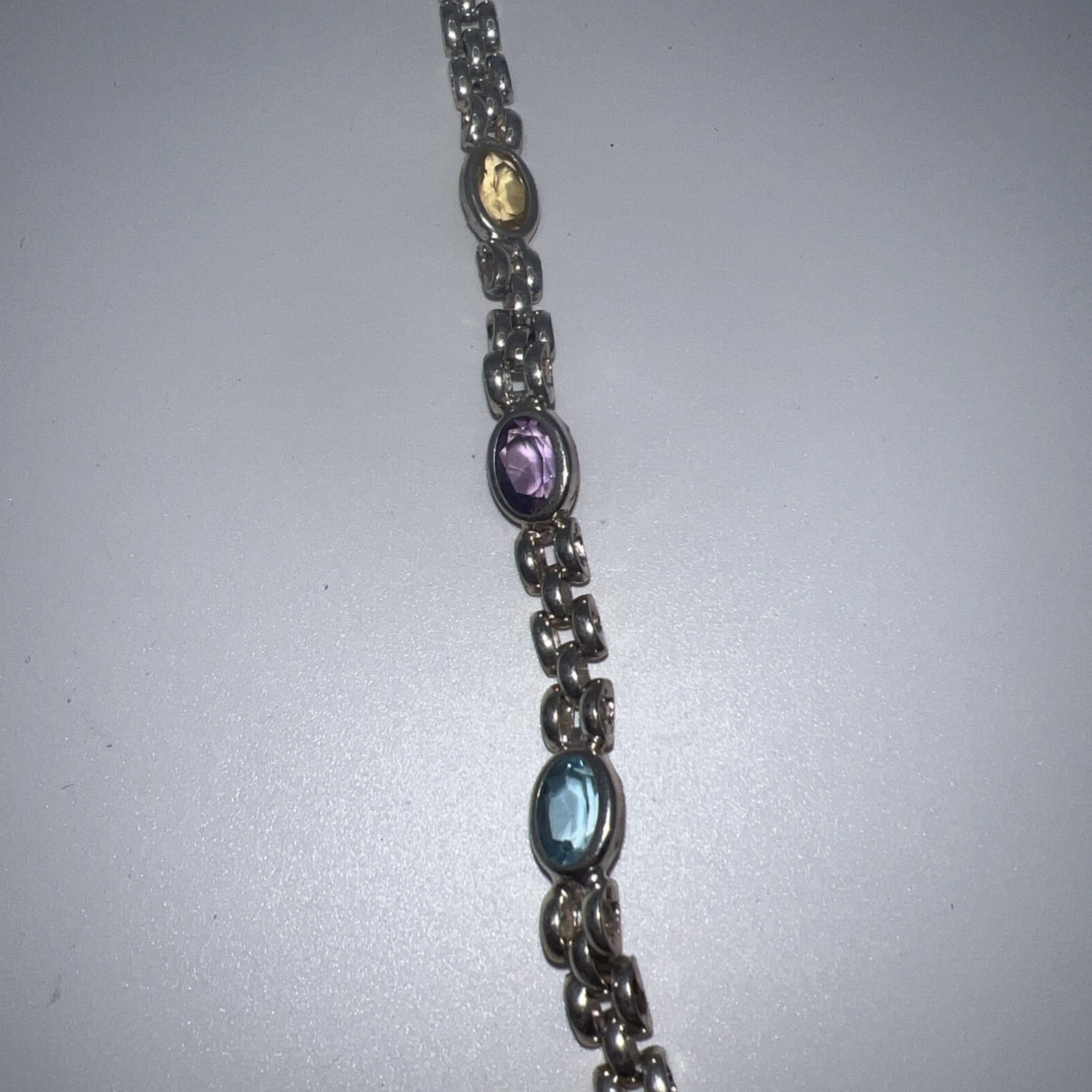 Vintage Sterling Silver Panther Link Bracelet with Amethyst, Blue Topaz, Citrine