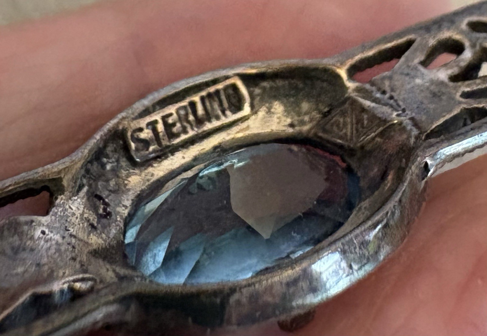 Judith Jack Sterling Silver Blue Topaz Marcasite Brooch Art Deco Revival Bar Pin