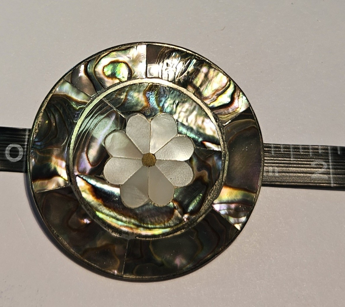 VINTAGE (2) MOTHER OF PEARL INLAID PINS/PENDANTS STAMPED ALPACA MEXICO