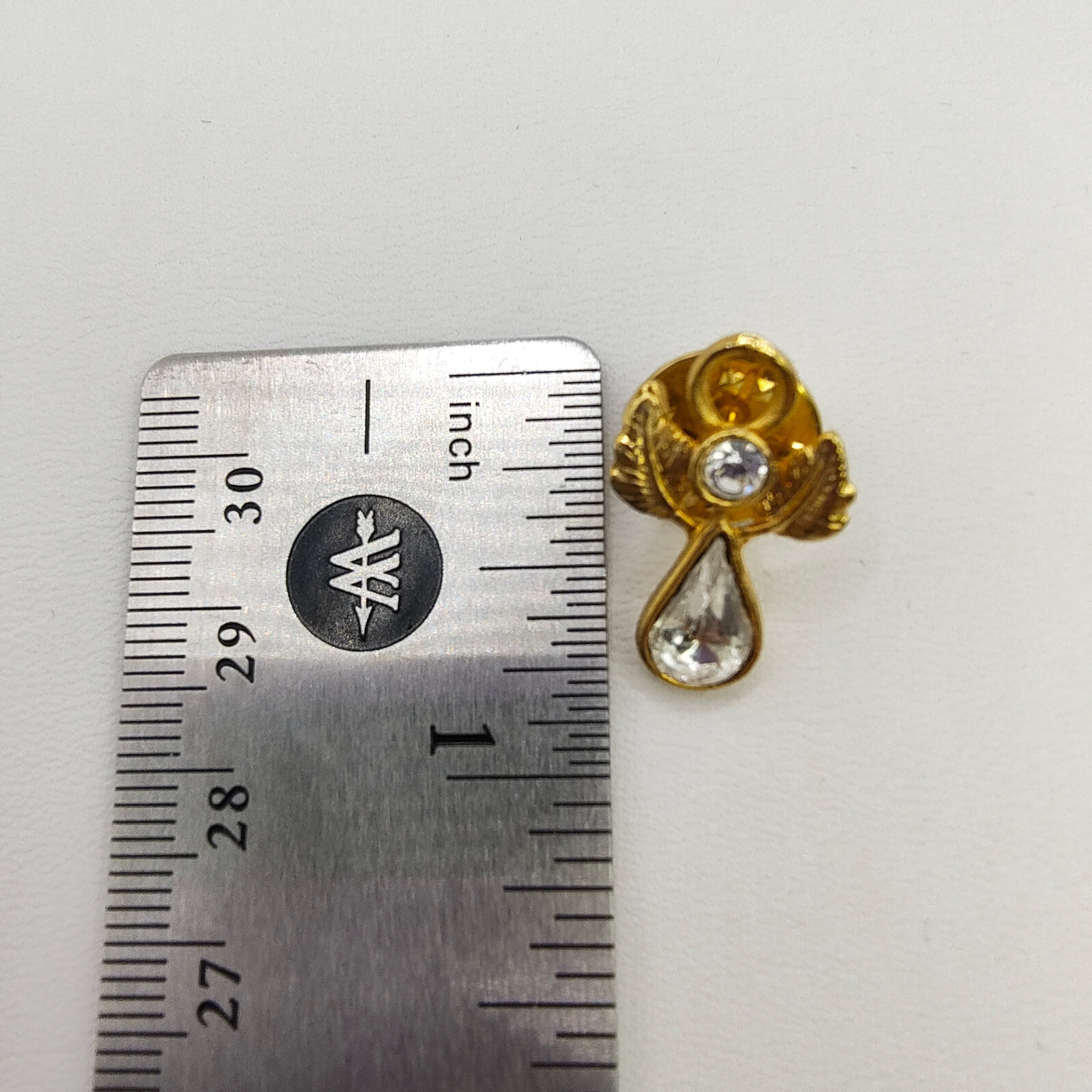 Vintage Guardian Angel Lapel Pin Gold Tone Clear Rhinestone Religious Icon 1/2″
