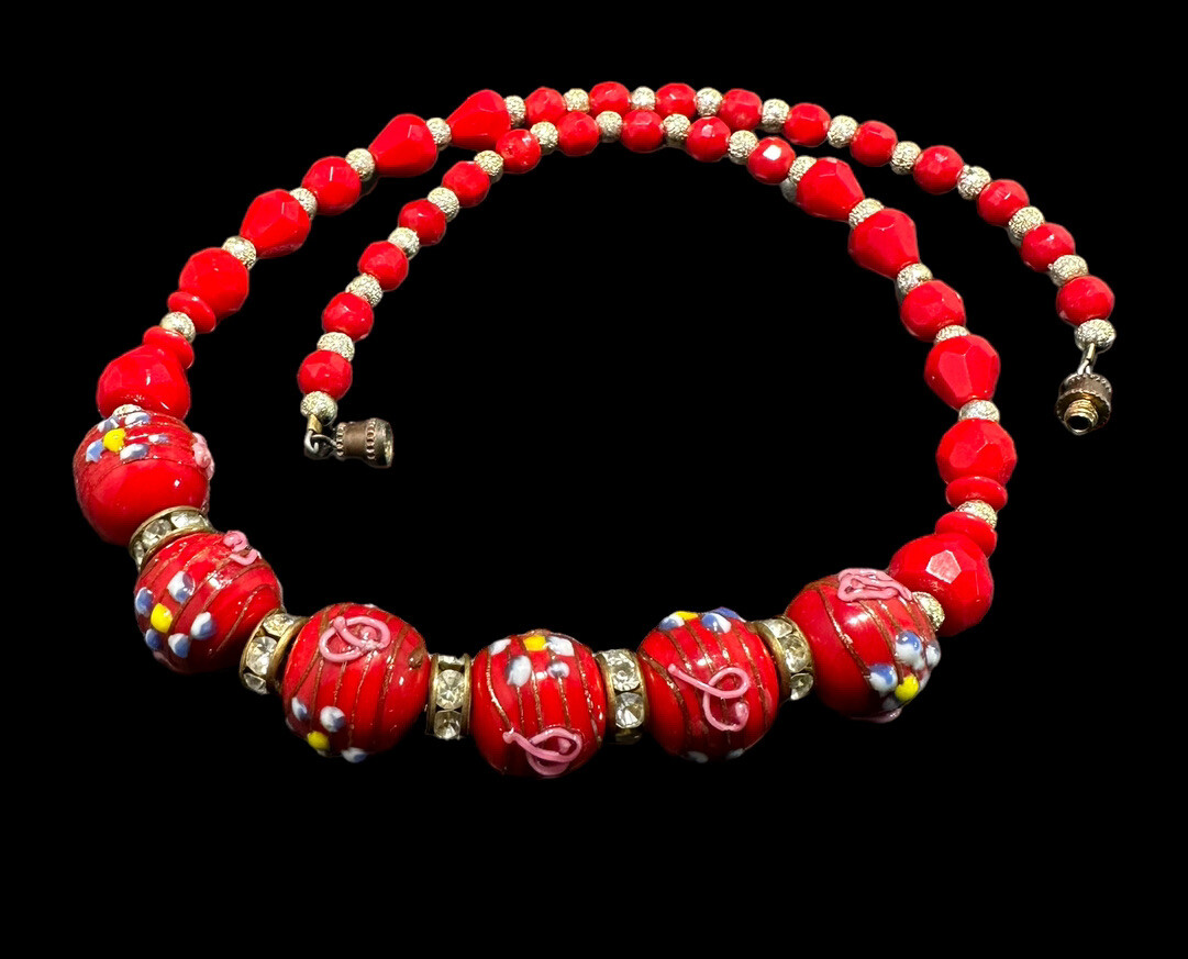 Vintage Murano Italy RED WEDDING CAKE Venetian Art Glass Bead Necklace 17.5 in