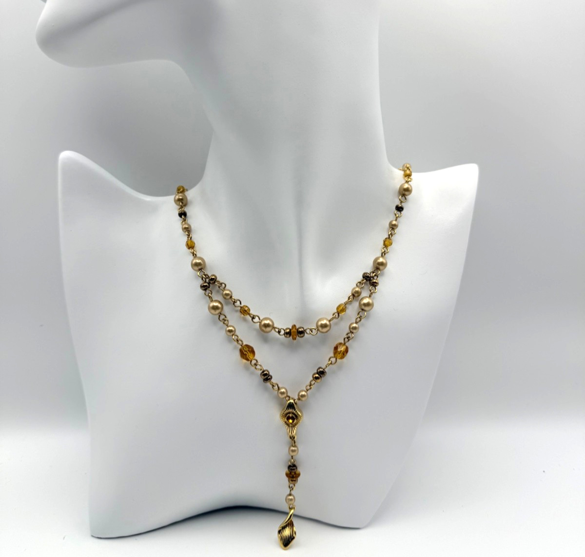 Vintage Layered Faux Pearl Amber Glass Gold Tone Y Necklace Adjustable