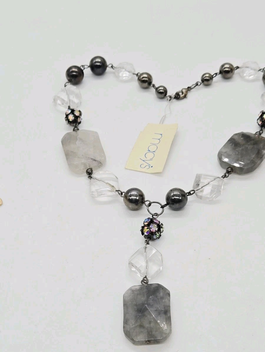 Macy’s Y Drop Necklace Marbled Grey Acrylic AB Crystal Couture Gunmetal 16 in