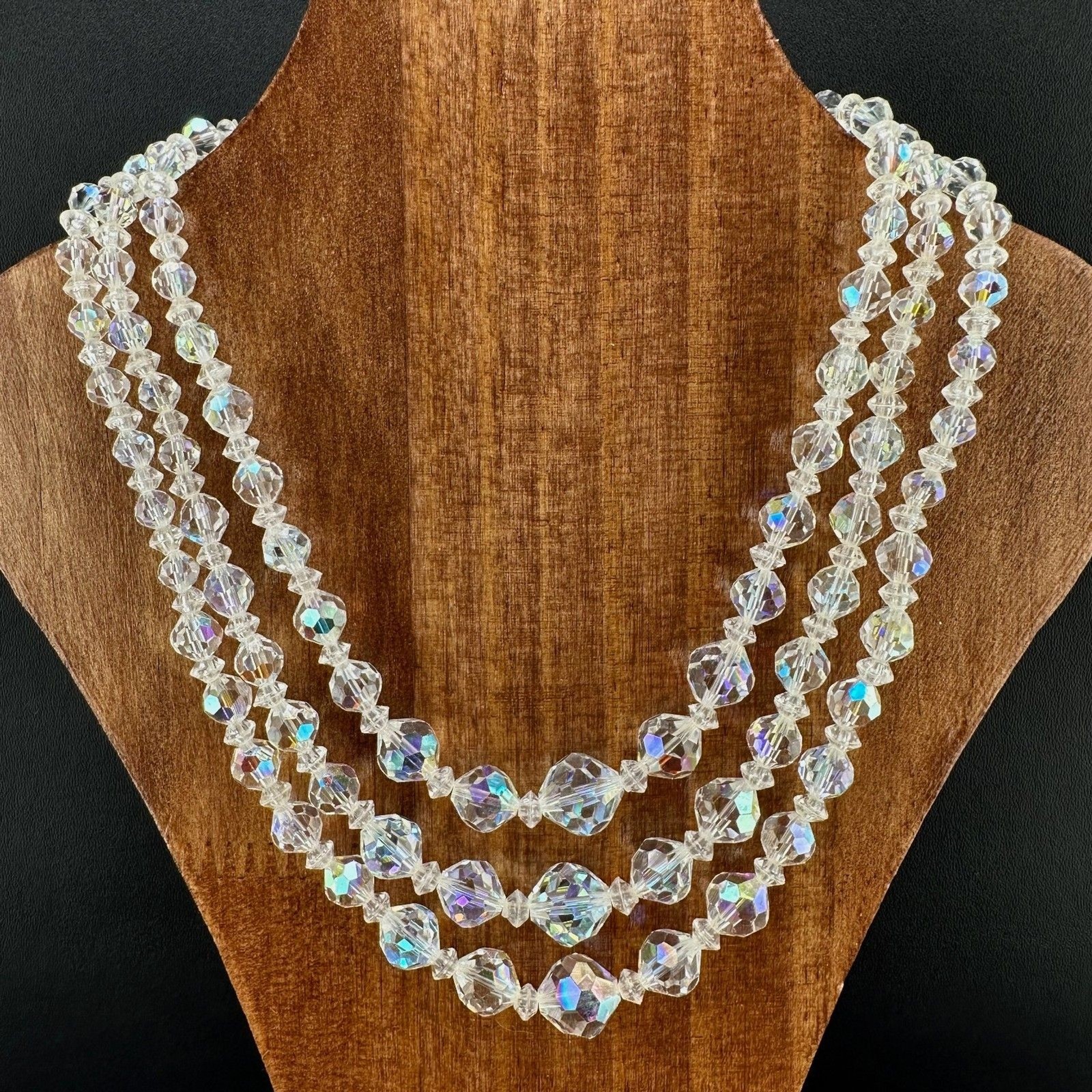 Vintage Aurora Borealis Necklace Crystal Faceted Three Strand Adjustable Hook