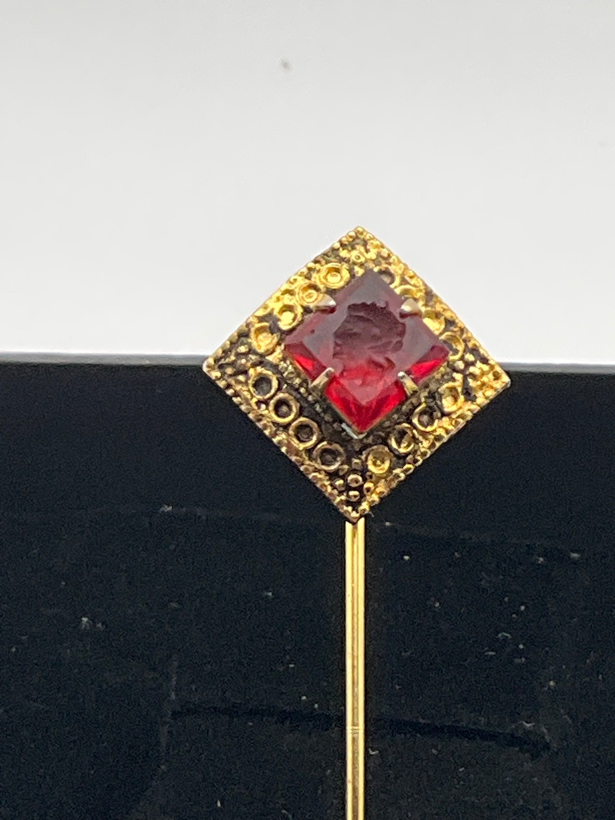 Vintage Gold Plate Stick Pin Intaglio Cameo Red Glass Stone Lapel Hat