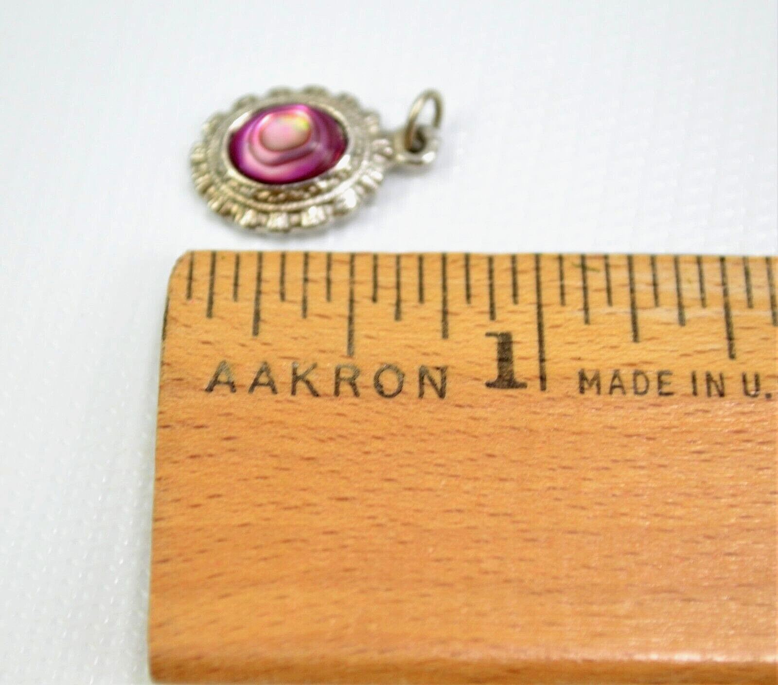 Vintage Small Pink Stone Silver Toned Pendant .75″ x .50″