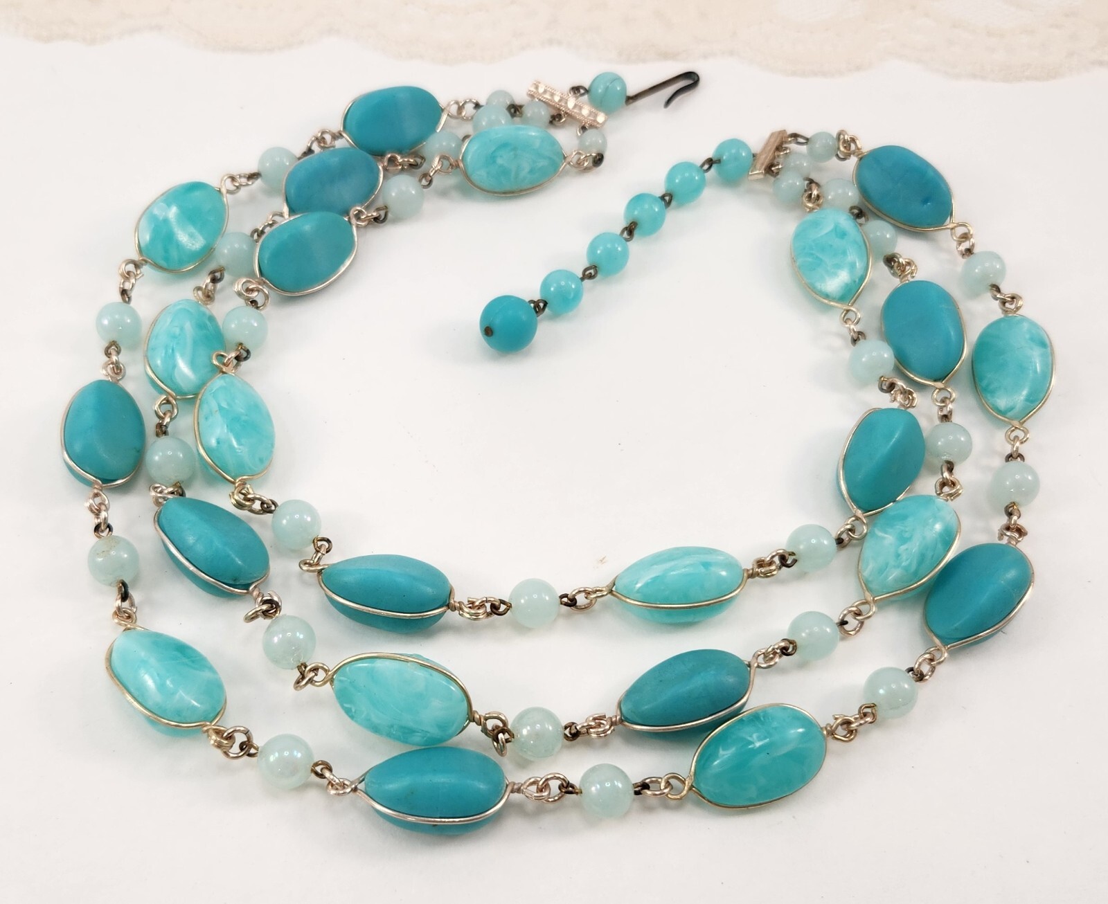 Vintage Western Germany Multi Strand Choker Necklace Beaded Blue 15 in-17.5 in