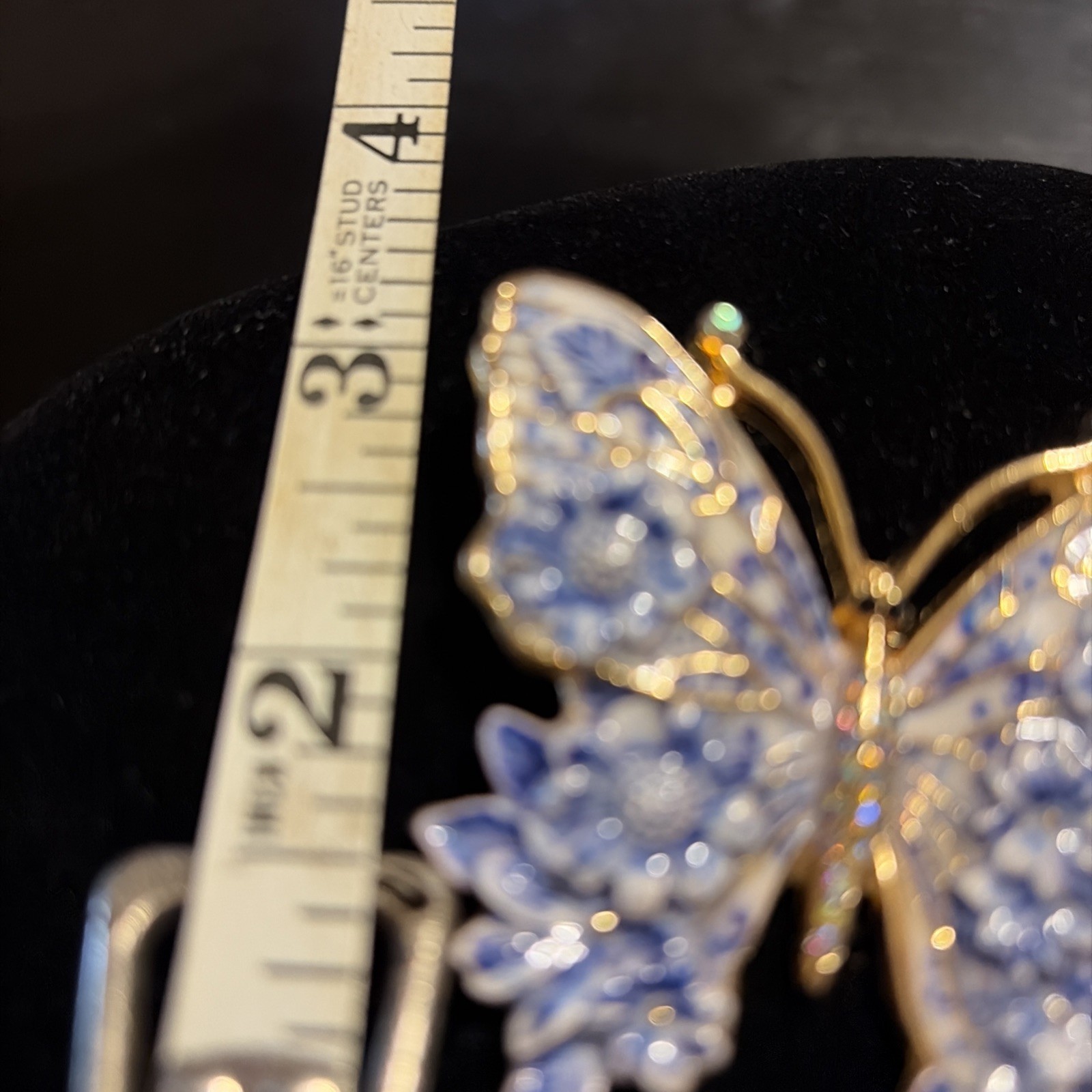 Blue Butterfly Brooch Gorgeous 3D Art Gold Tone & Rhinestones