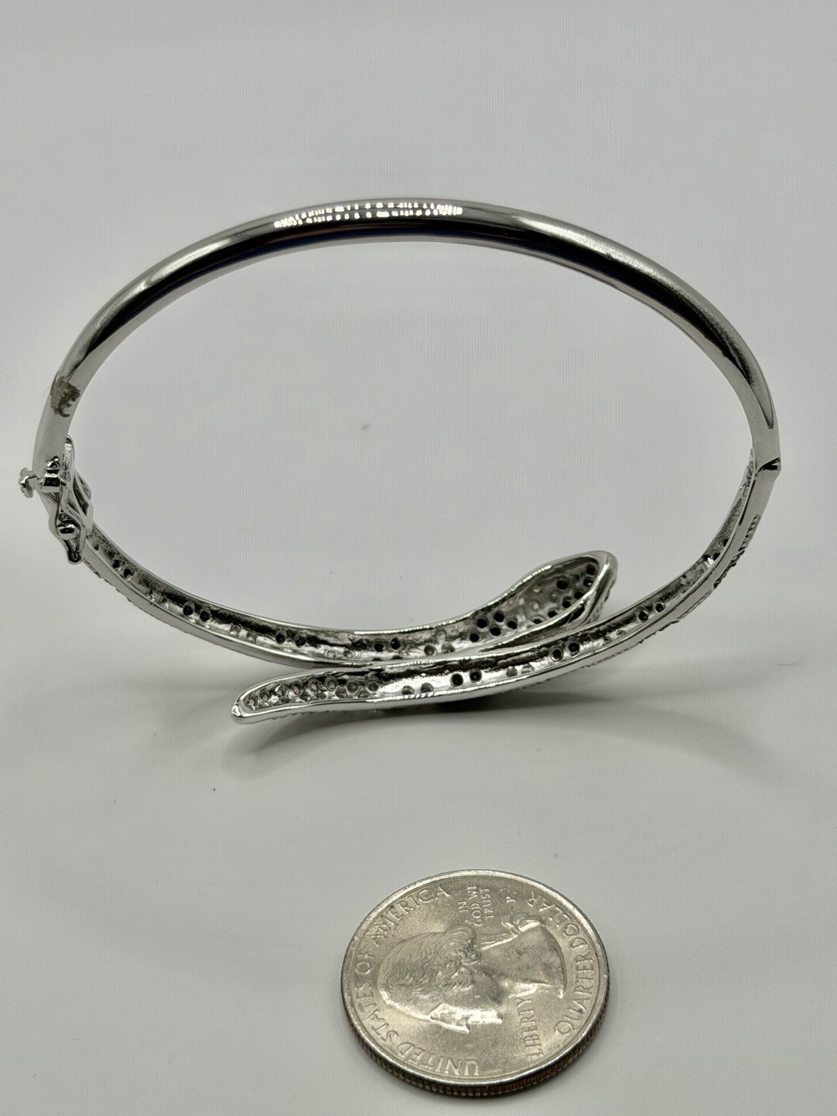 Vintage Black & Clear Crystal Hinged SNAKE Sterling Bangle Bracelet 7 3/4”