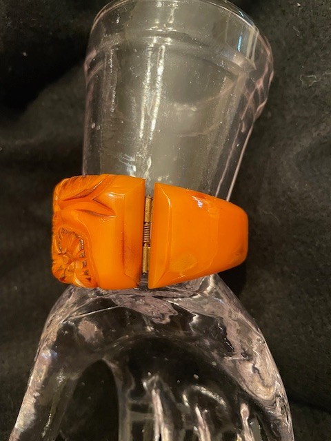 Art Deco 20-30’s Deeply Carved Flora Orange Bakelite Clamper Bangle Stunning!