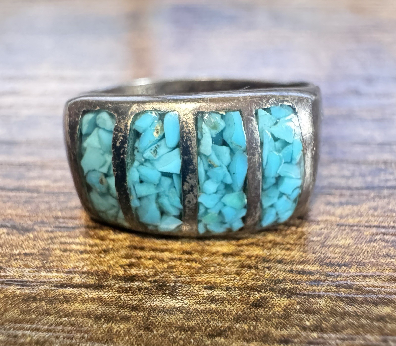Vintage Southwestern Sterling Silver, Chip Inlay Turquoise Ring – Size 10.25