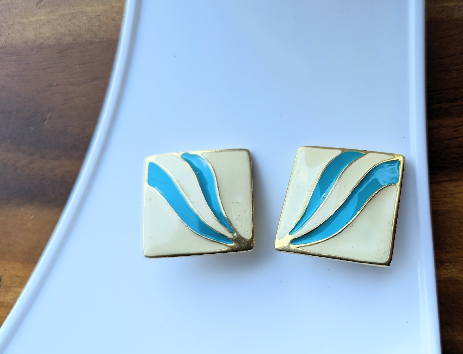 Vintage Large Square Cream Off White Blue Wave Swirl Enamel Clip Earrings Gold