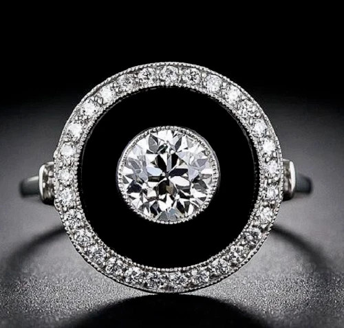 2.59Ct Art Deco Style Lab-Created Diamond & Onyx Engagement 925 Silver Ring