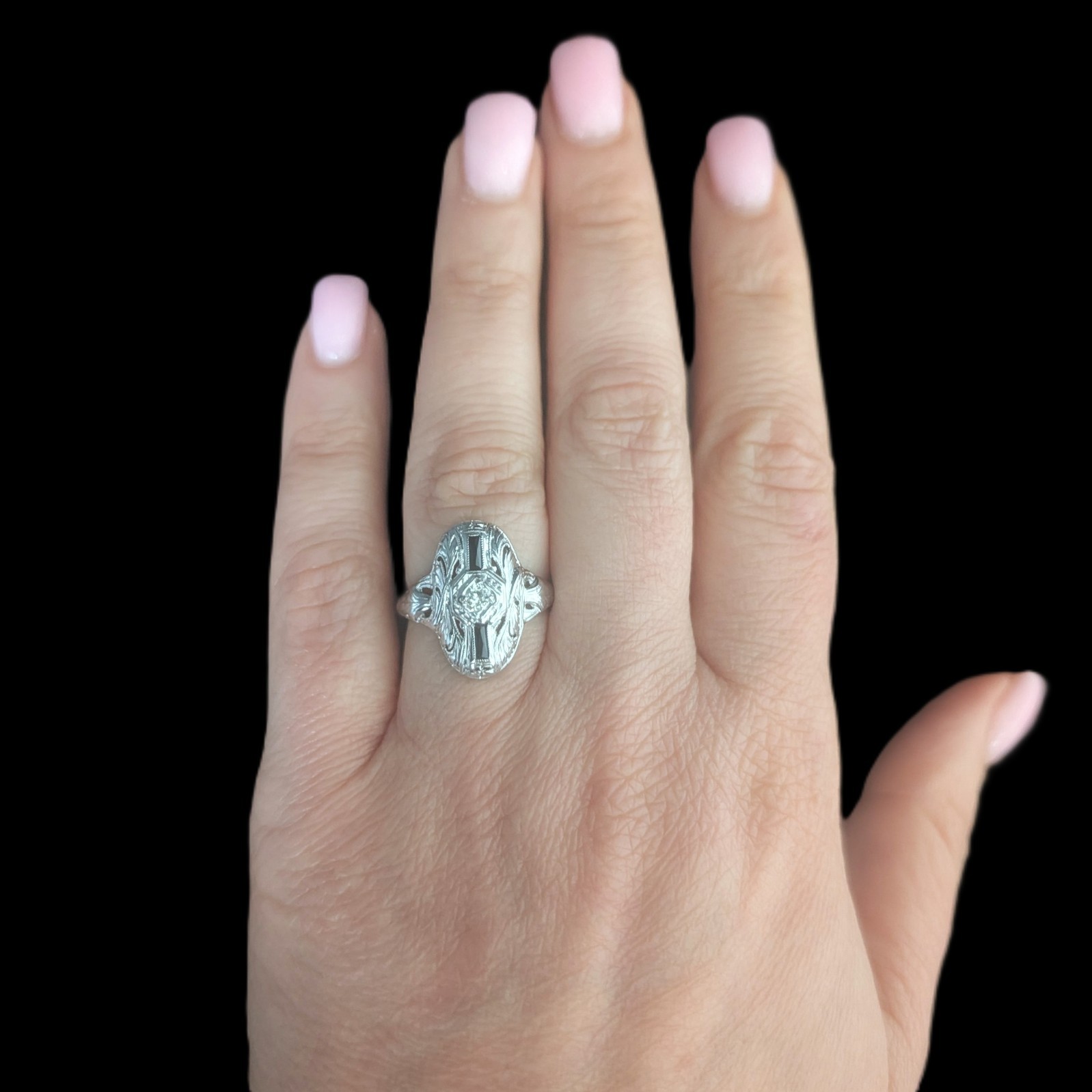 1920s Art Deco Old European Cut Diamond Lab Sapphire 14k White Gold Ring Antique