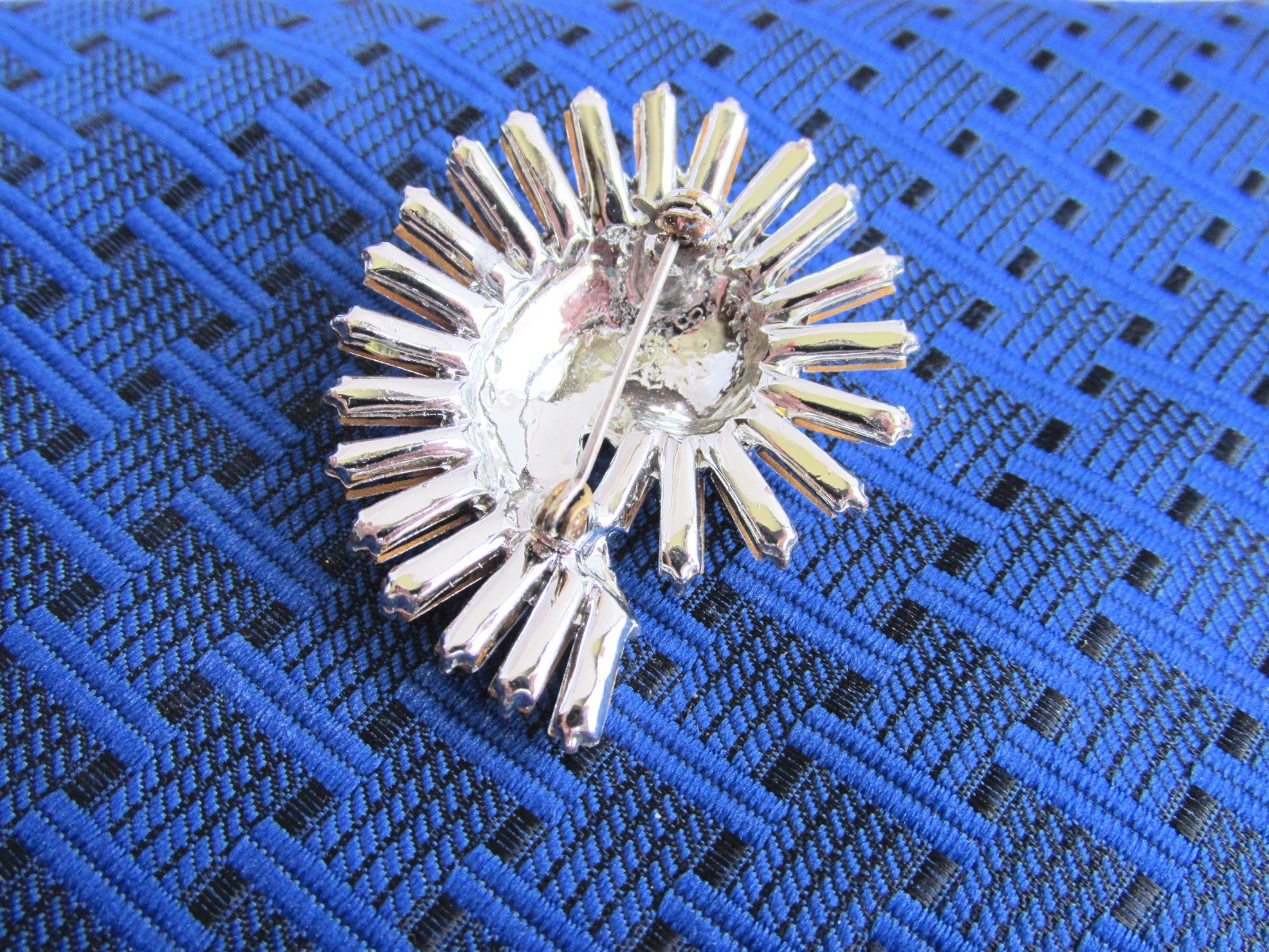 Vintage Elegant Clear Baguettes Rhinestone Pin Silver Plate Curled Fan Shape