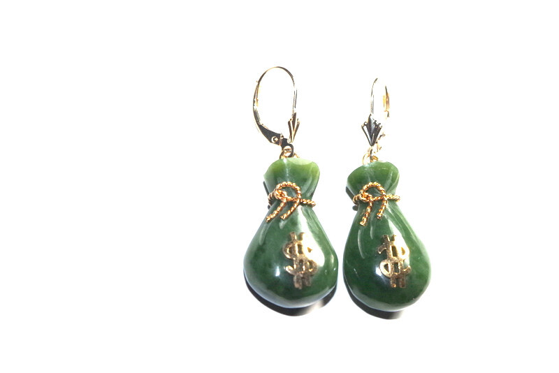 14K Exquisite Carved Jade bag of money Lucky Stone Lever back Earrings