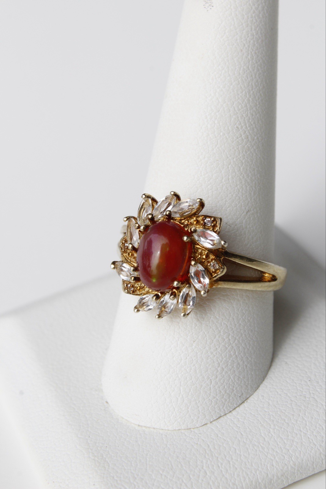 Antique Opalescent Amber Cabochon & Spinel Ring, 2 Carats 9K Gold