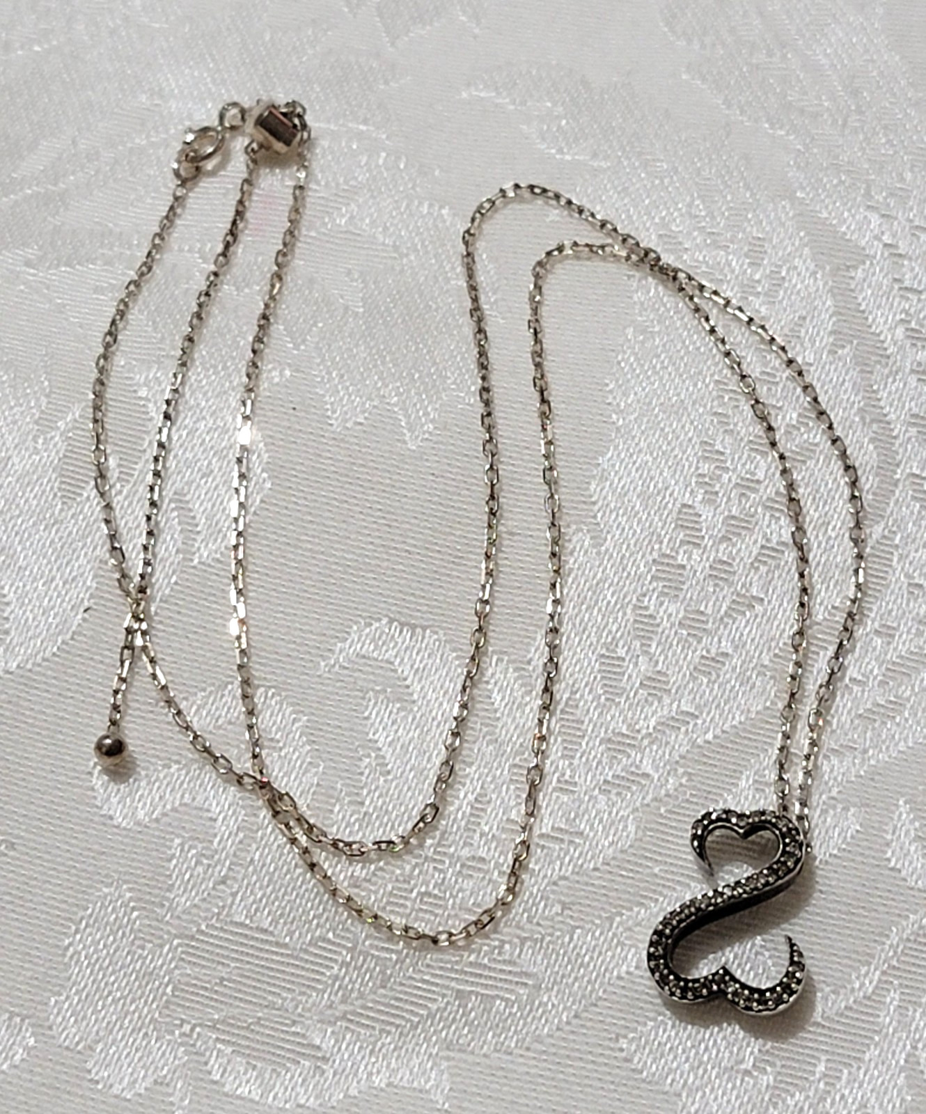 VTG 925 SWIRL DOUBLE HEART PENDENT CLEAR STONES W/925 ADJUSTIBLE CHAIN NECKLACE