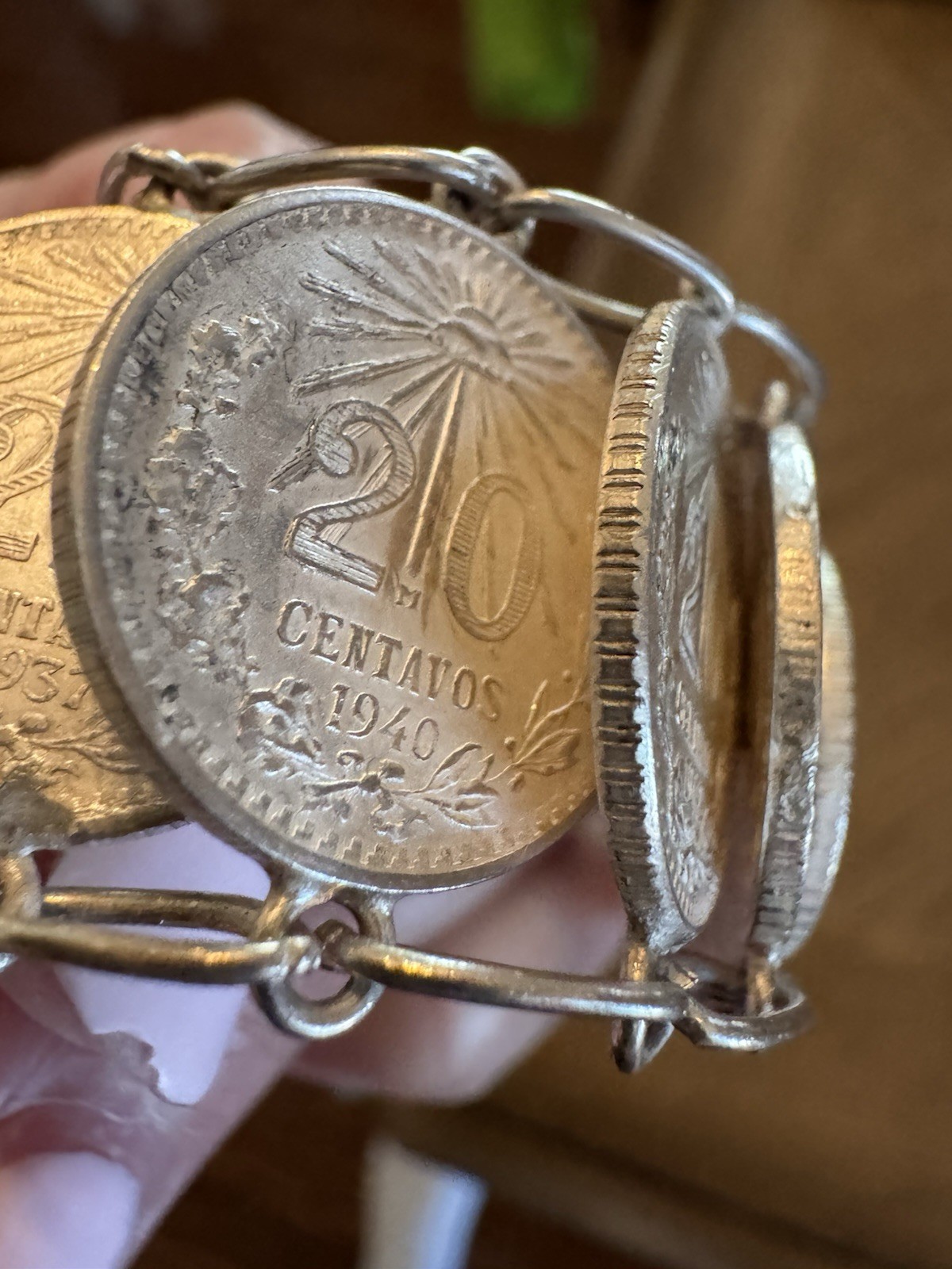 Vintage Mexican 20 Centavos Coin Bar Link Chain Bracelet ~ Silver ~ 7 in